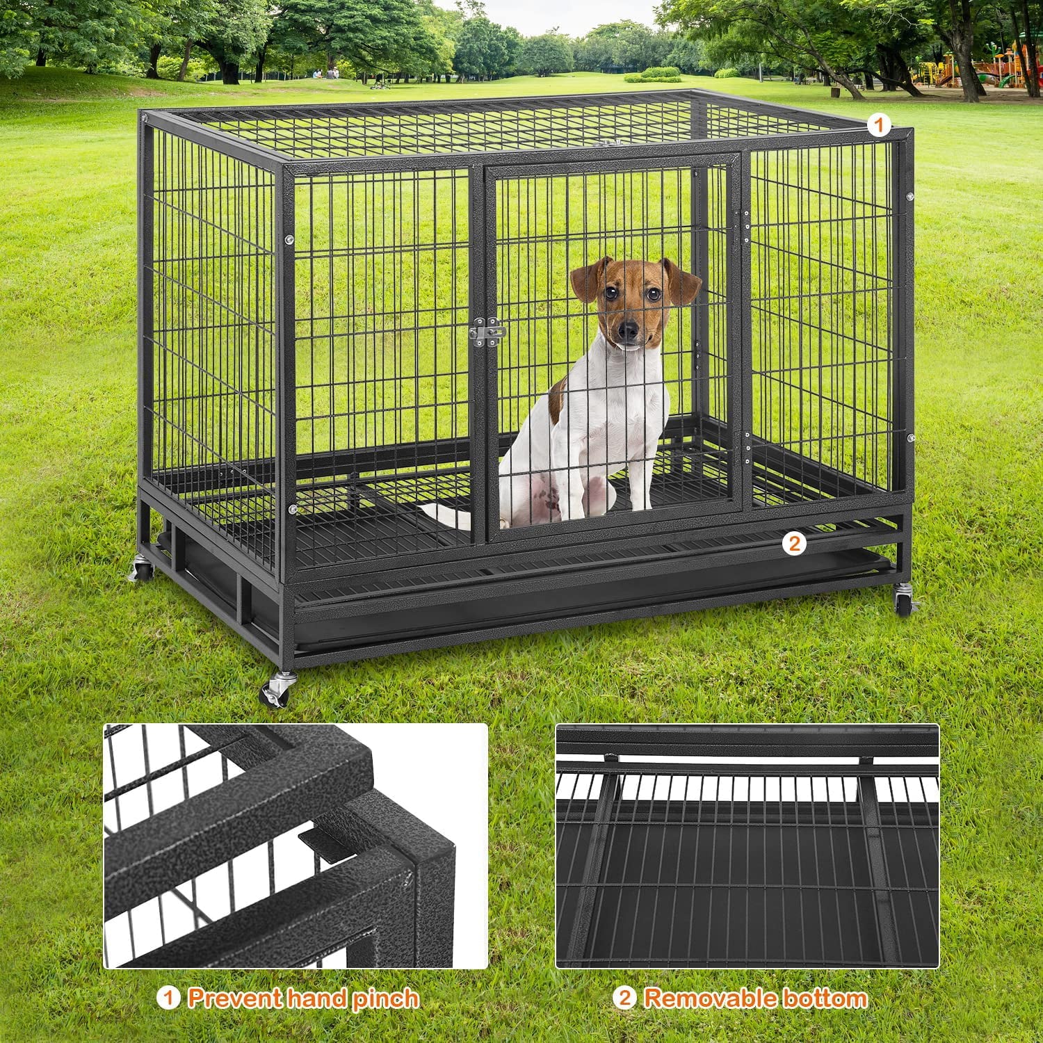 YRLLENSDAN 48 inch XL Large Dog Crate for Large Dogs， Heavy Duty Dog Crates and Kennels with Wheels Plastic Tray Double-Door Lockable Outdoor Metal Pet Dog Cage for Medium Small Dogs