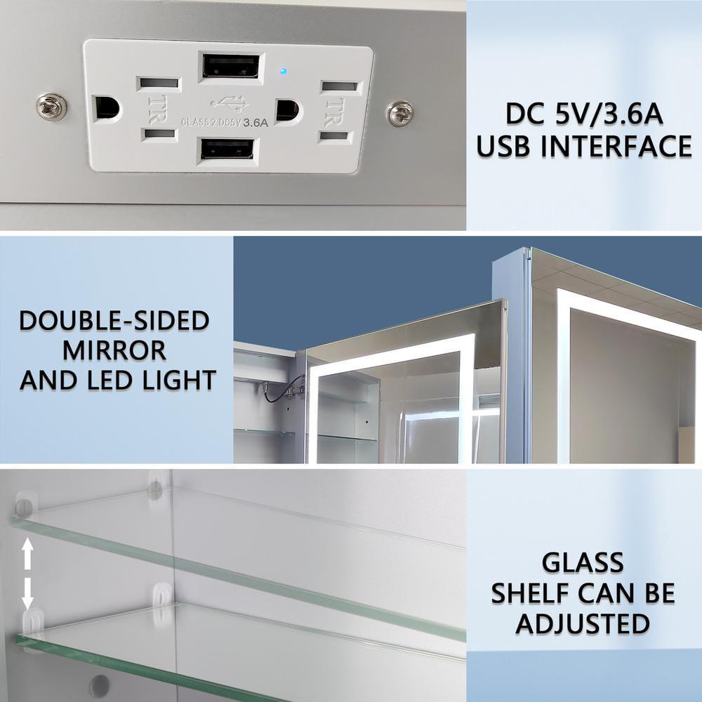 ExBrite 24 in W x 30 in H Rectangular Silver Aluminum RecessedSurface Mount Left Dimmable Medicine Cabinet with Mirror