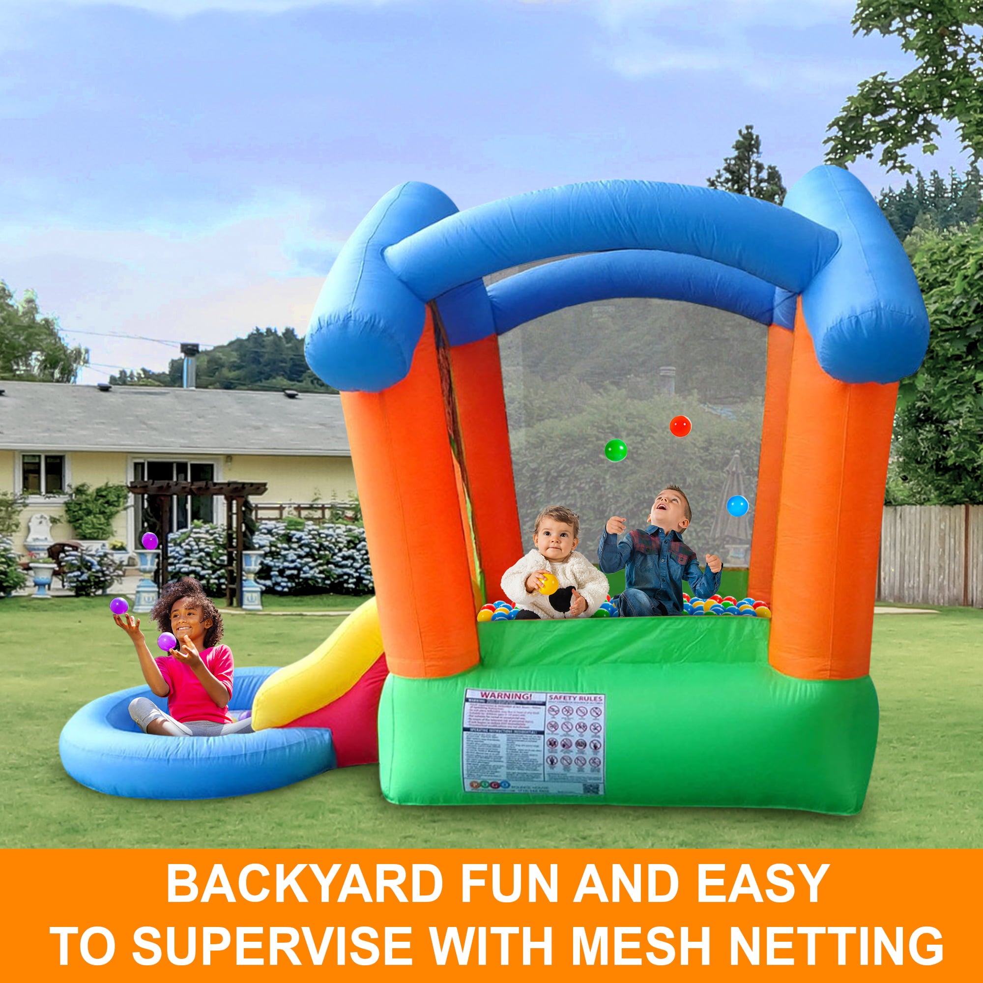 Pogo Bounce House Backyard Kids Rainbow Playhouse Inflatable Bounce House with Slide