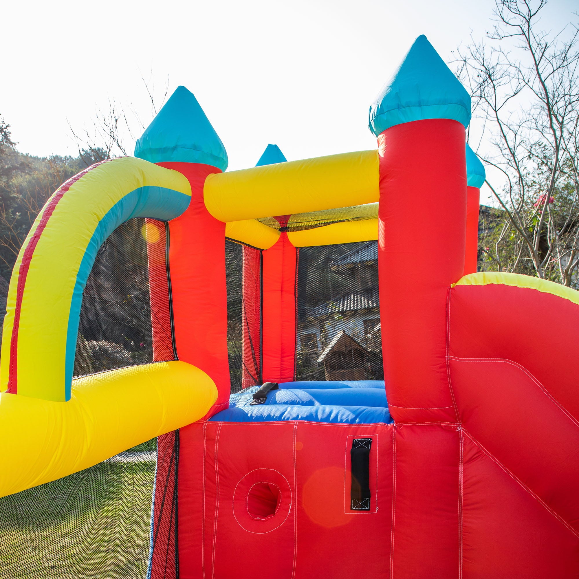 Outsunny 4 in 1 Inflatable Bounce House with Slide， Climbing Wall， and Pool or Ball Pit， Jumping Castle， Four Fun Activities， Water Bounce House for Kids