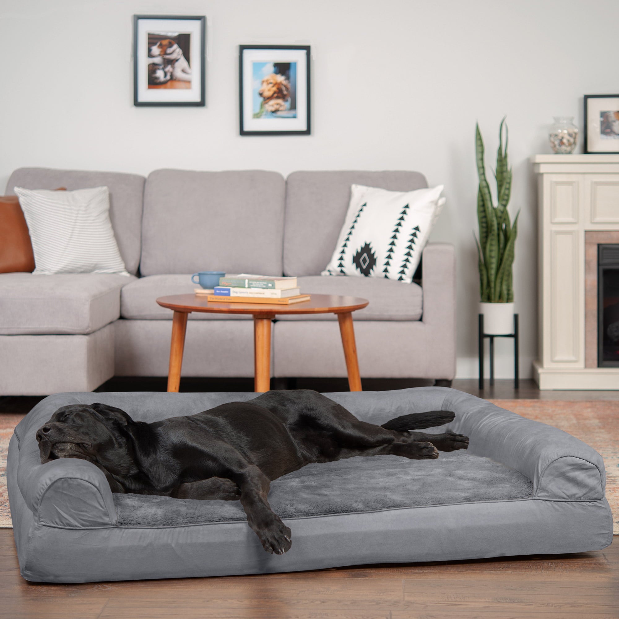FurHaven Pet Products | Full Support Orthopedic Plush and Suede Sofa-Style Pet Bed for Dogs and Cats - Gray， Jumbo Plus