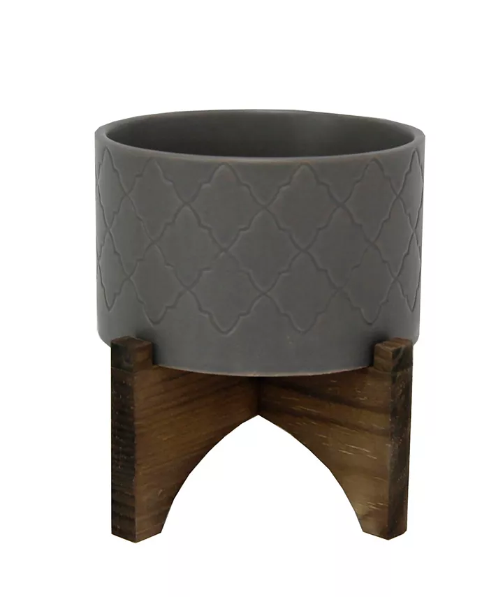 Flora Bunda Argyle Ceramic Planter on Wood Stand， 6.25