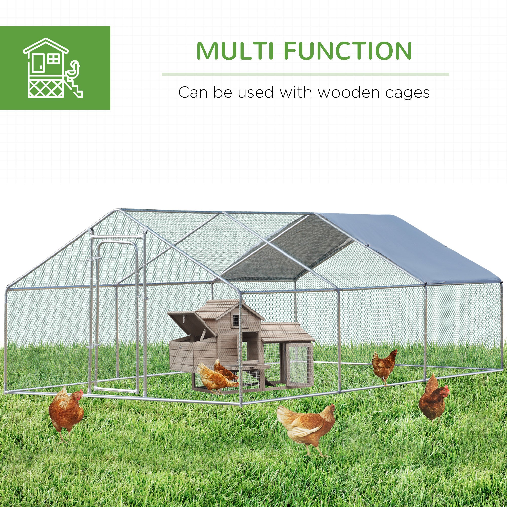 PawHut Galvanized Large Metal Chicken Coop Cage， 3 Room Walk-in Enclosure， Poultry Hen House with UV and Water Resistant Cover for Outdoor Backyard， 10' x 19.7' x 6.4'