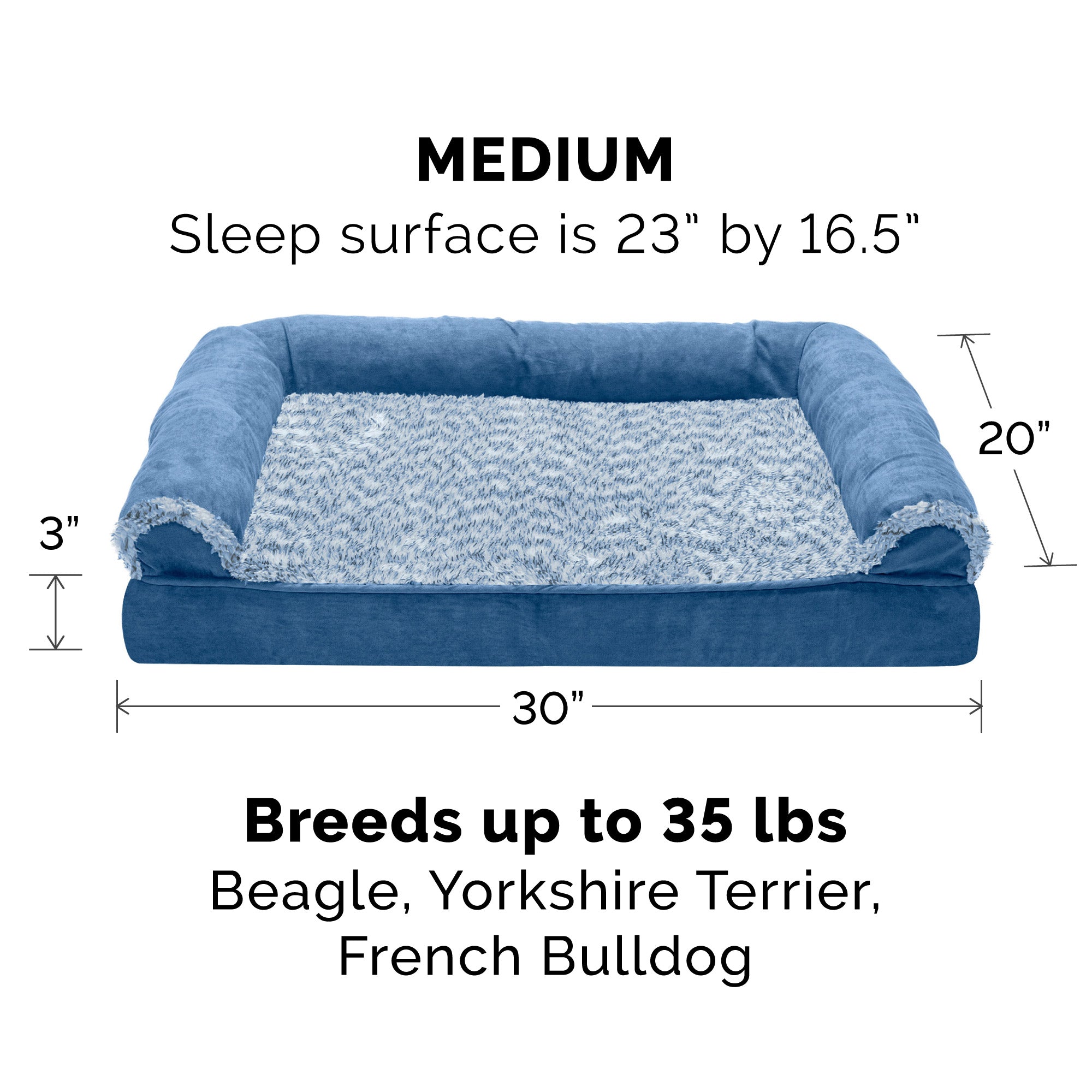 FurHaven Pet Dog Bed | Orthopedic Two-Tone Faux Fur and Suede Sofa-Style Couch Pet Bed for Dogs and Cats， Marine Blue， Medium