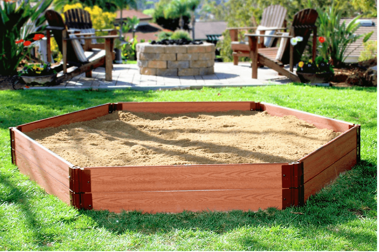 Frame It All Tool- Free Classic Sienna 7ft. x 8ft. x 11in. Composite Hexagon Sandbox Kit with Collapsible Cover - 1