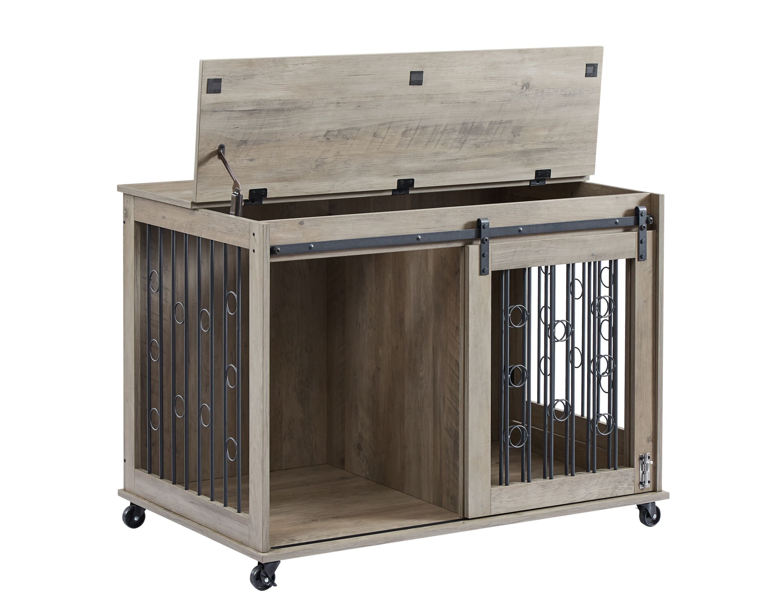 Ouyessir Dog Crate， Large Dog Kennel Furniture Indoor，Chew-Resistant Natural Wood Dog House，Gray