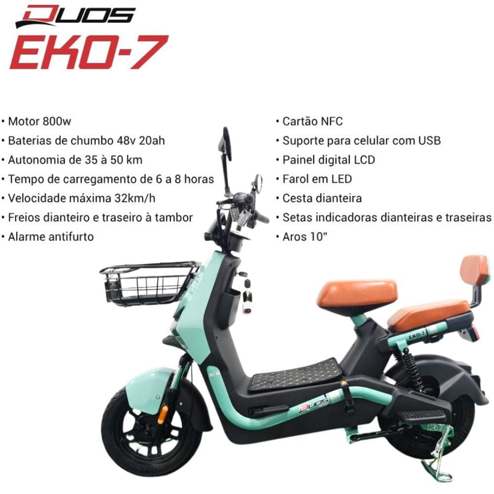 Bicicleta Scooter Elétrica 800W Alarme Cartão NFC Entrada USB Eko-7 Duos Verde