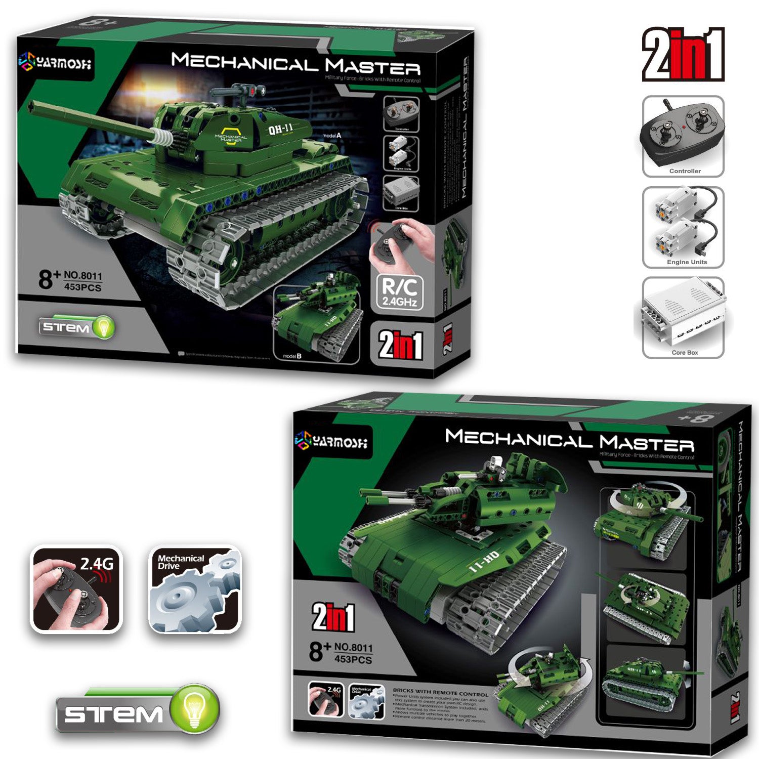 YARMOSHI RC Building Blocks Tank Green Engineering Educational STEM Gift for Boys and Girls Model Cars Kit 453 PCS Remote Control USB Charger for Kids Teens Adults