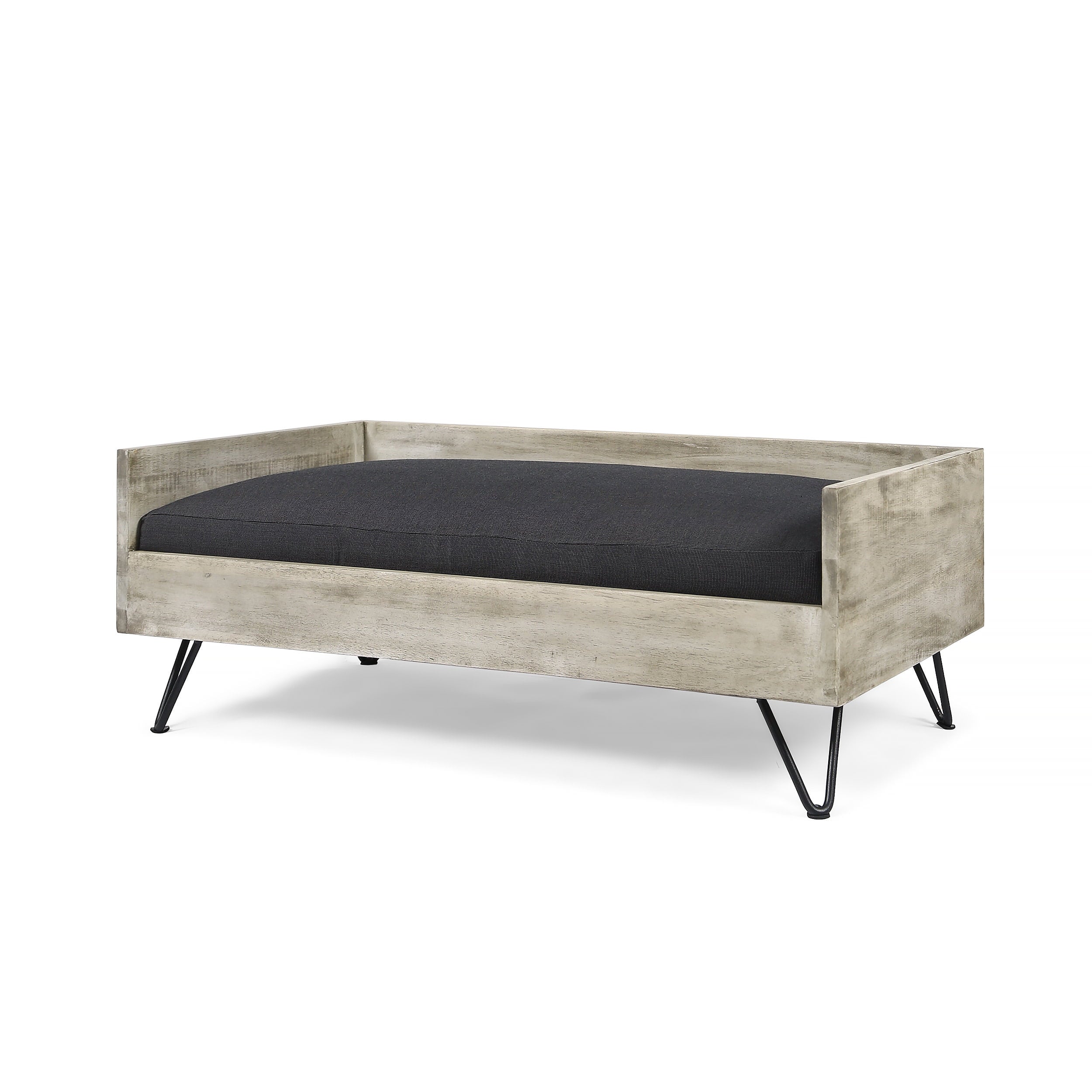 GDF Studio Cheval Mid Century Modern Acacia Wood Pet Bed with Cushion， Light Gray and Gray
