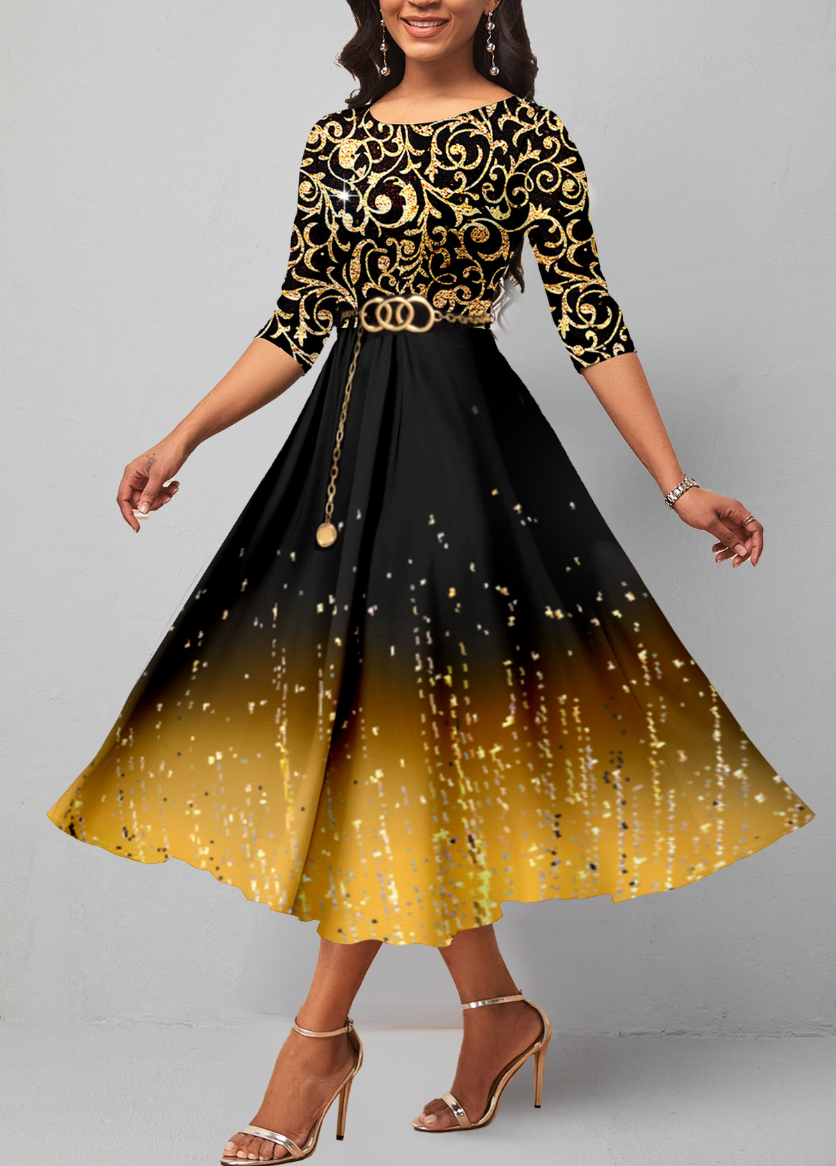 Golden Ombre Hot Stamping 3/4 Sleeve Dress