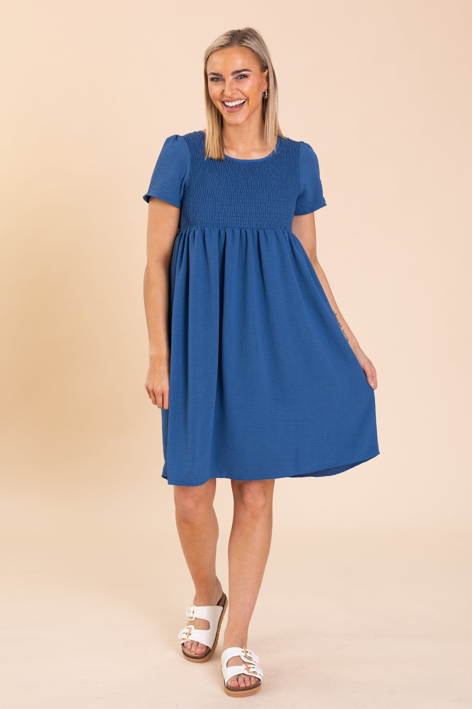 Flowy Skirt Smocked Bodice Midi Woven Dress