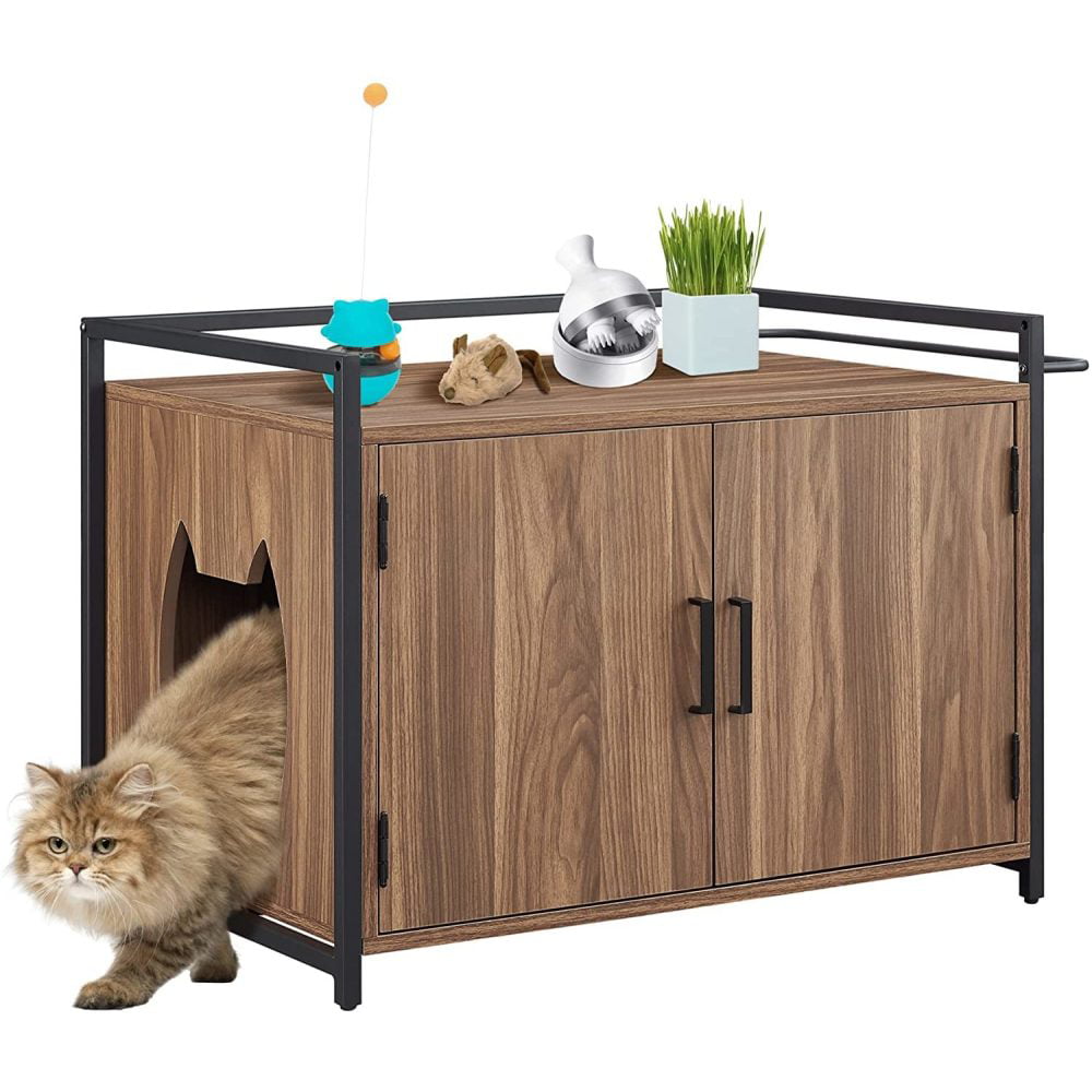 Penck Hidden Cat Litter Box Furniture with Ventilation and Bench Seat， Pet Crate with Iron and Wood Sturdy Structure