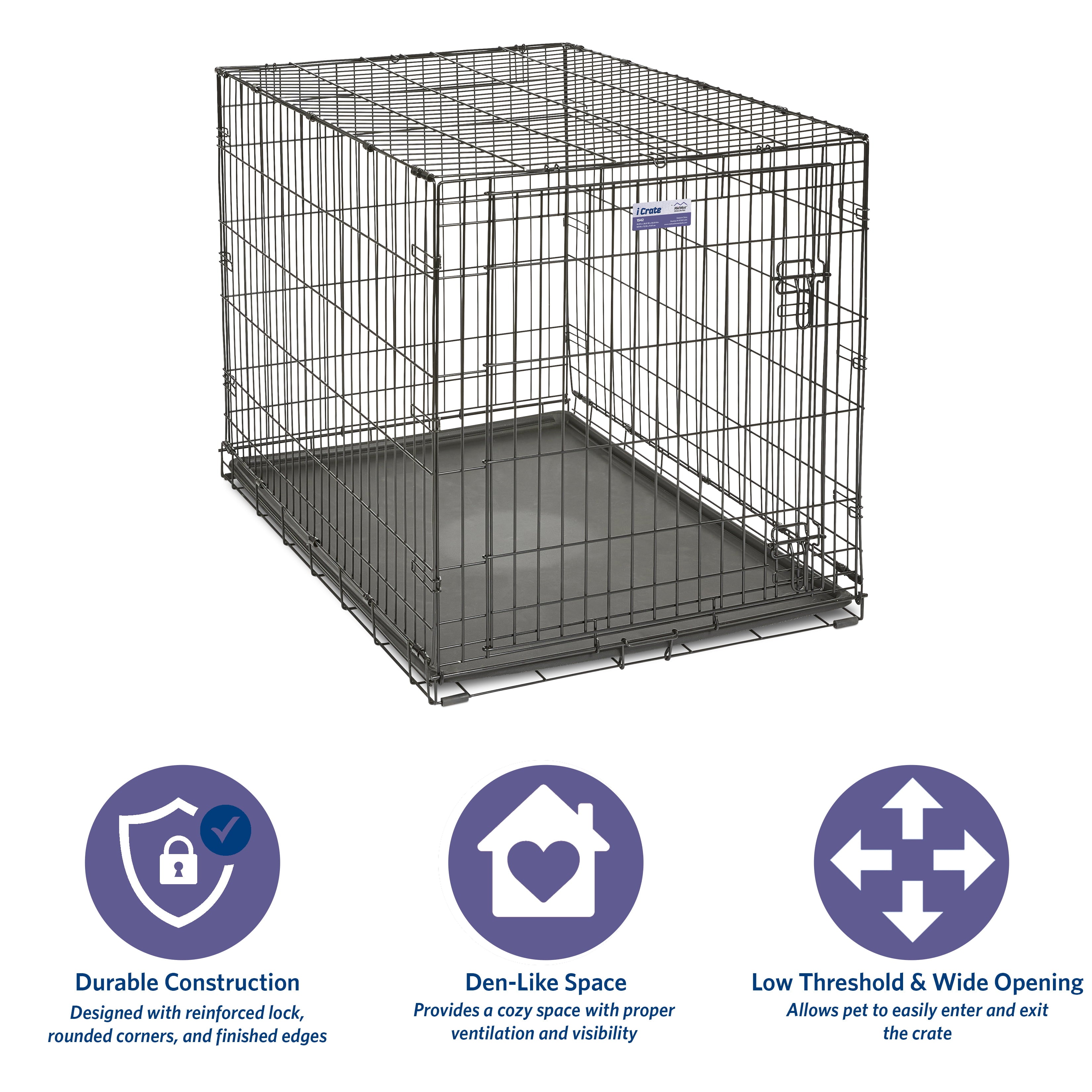 Large Dog Crate | MidWest iCrate Folding Metal Dog Crate | Divider Panel， Floor Protecting Feet， Leak-Proof Dog Pan | 42L x 28W x 31H Inches， Large Dog