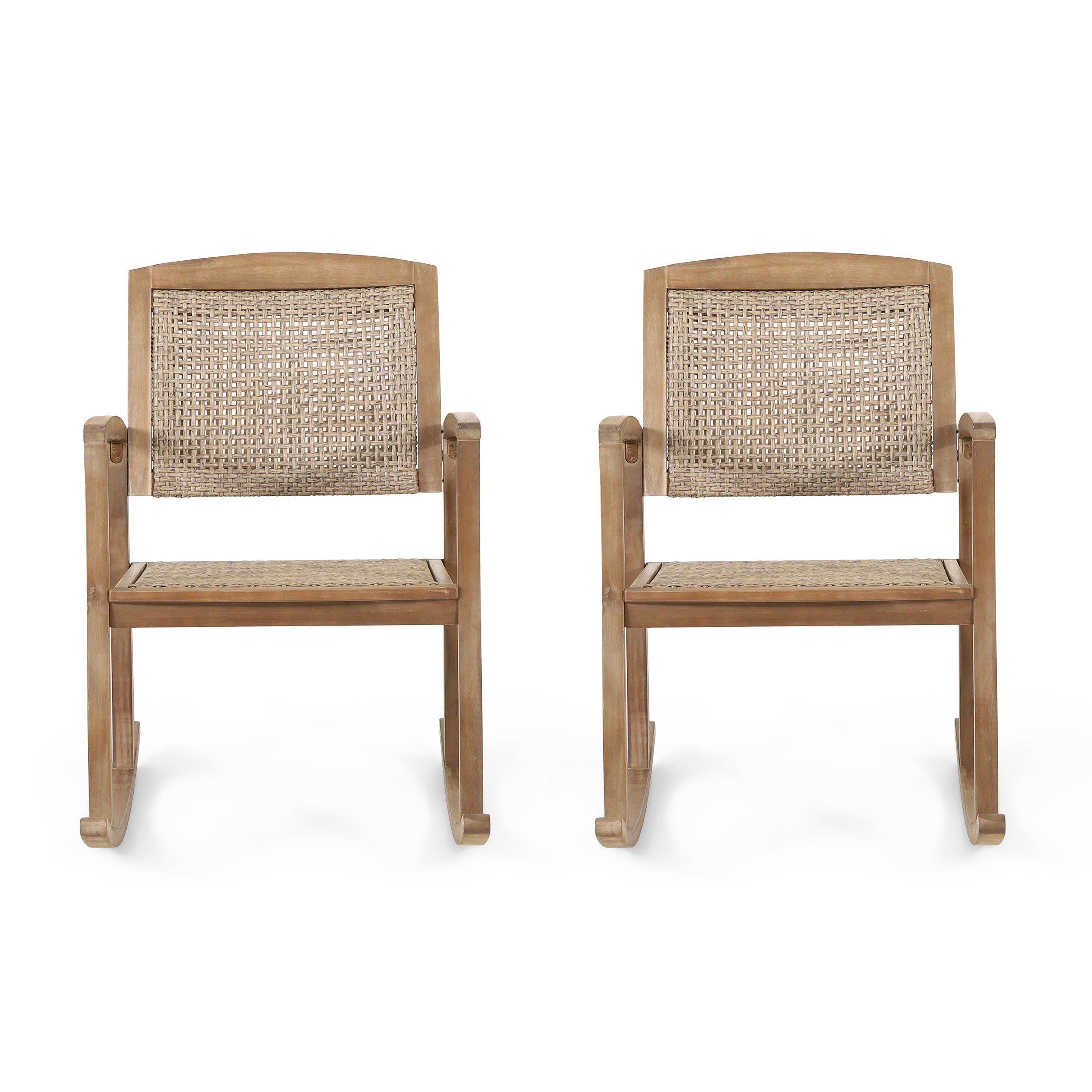 Uintah Outdoor Acacia Wood and Wicker Rocking Chair, Set of 2, Light Brown