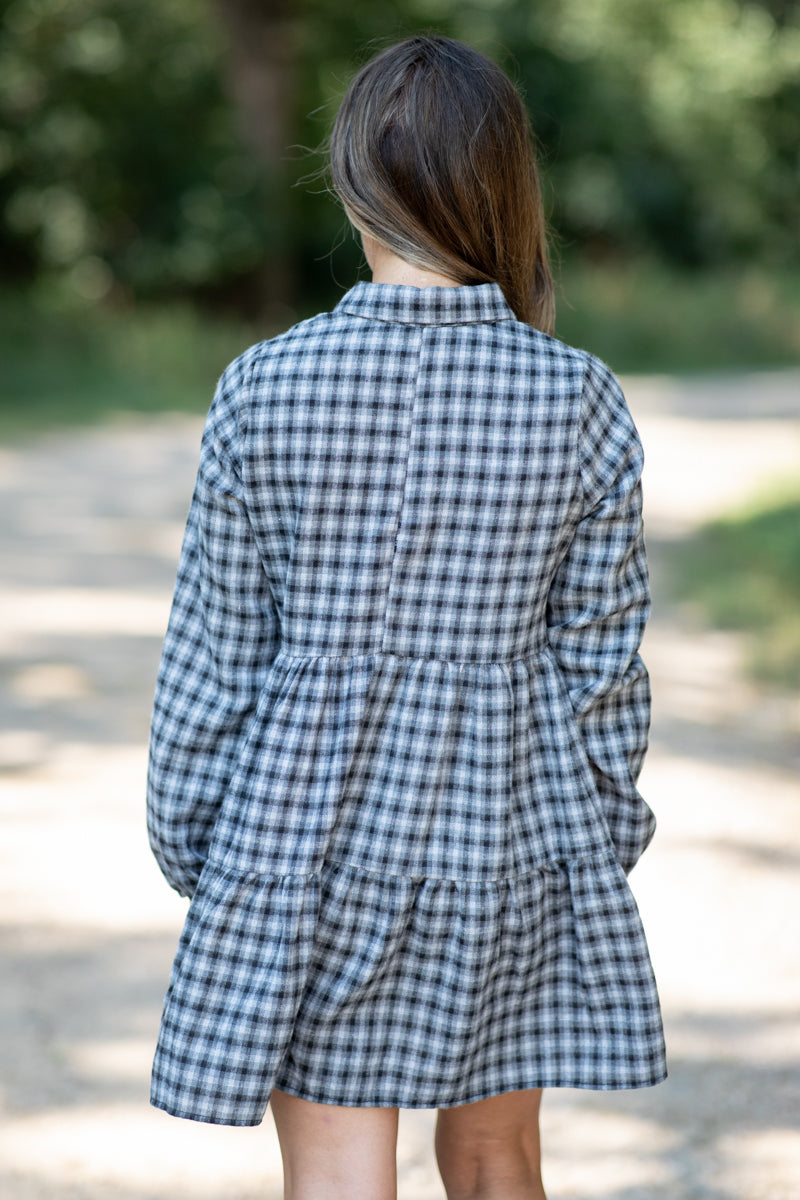 Black and Grey Gingham Long Sleeve Dress