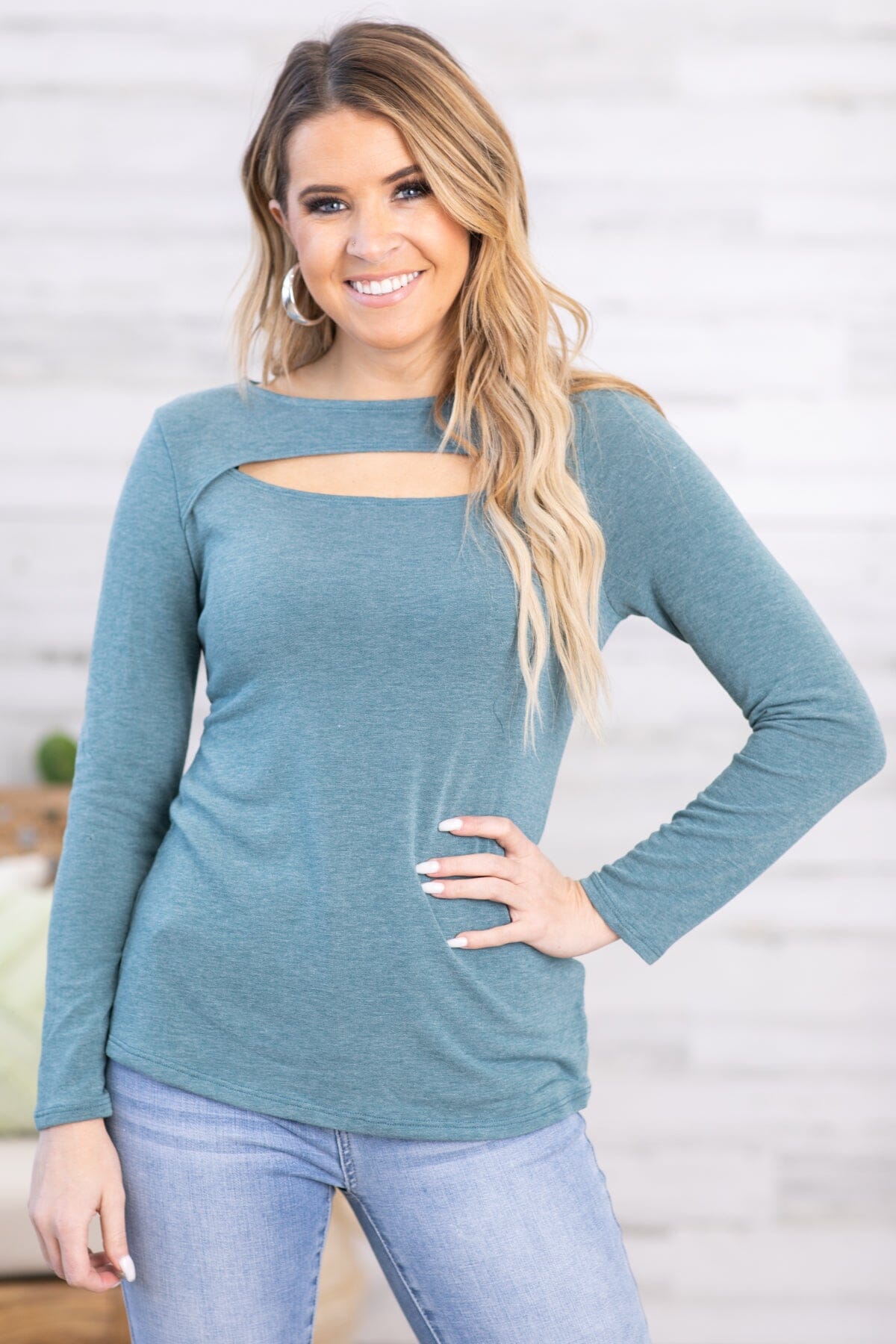 Teal Long Sleeve Top With Cutout Detail