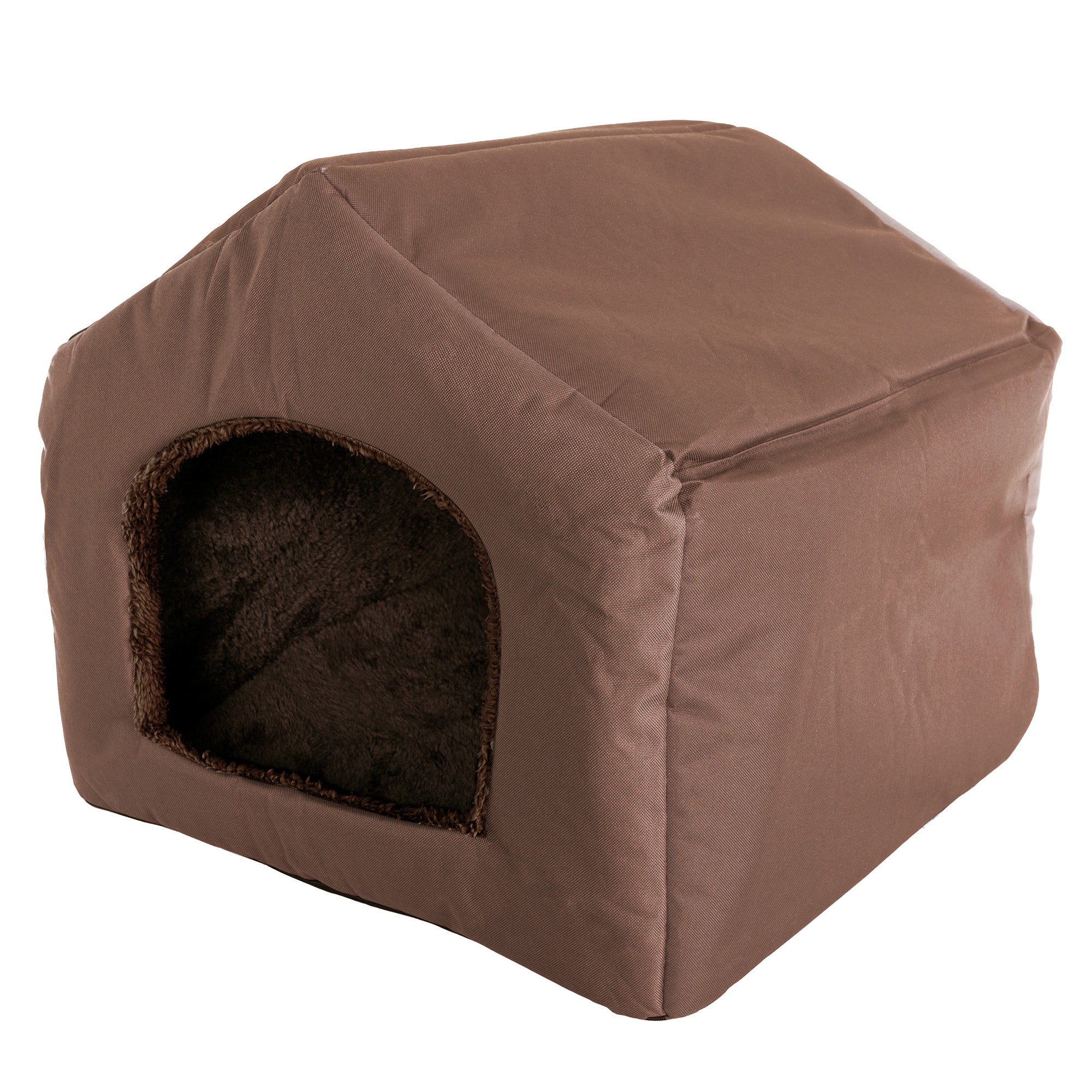 Indoor Dog House - Covered Dog Bed or Cat Cave with Removable Sherpa-Lined Foam Cushion - Pet House for Small Animals up to 35lbs by PETMAKER (Brown)
