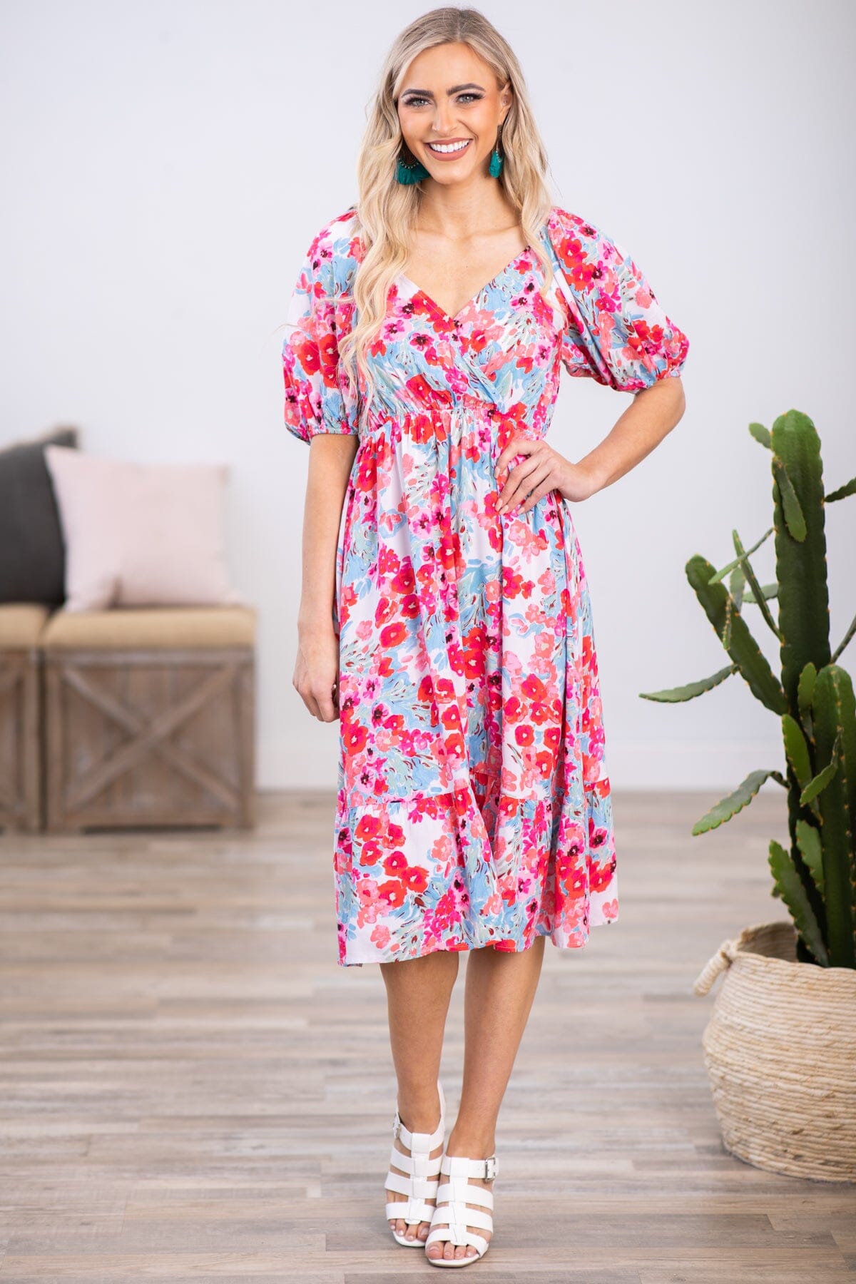 Sky Blue and Pink Puff Sleeve Floral Dress