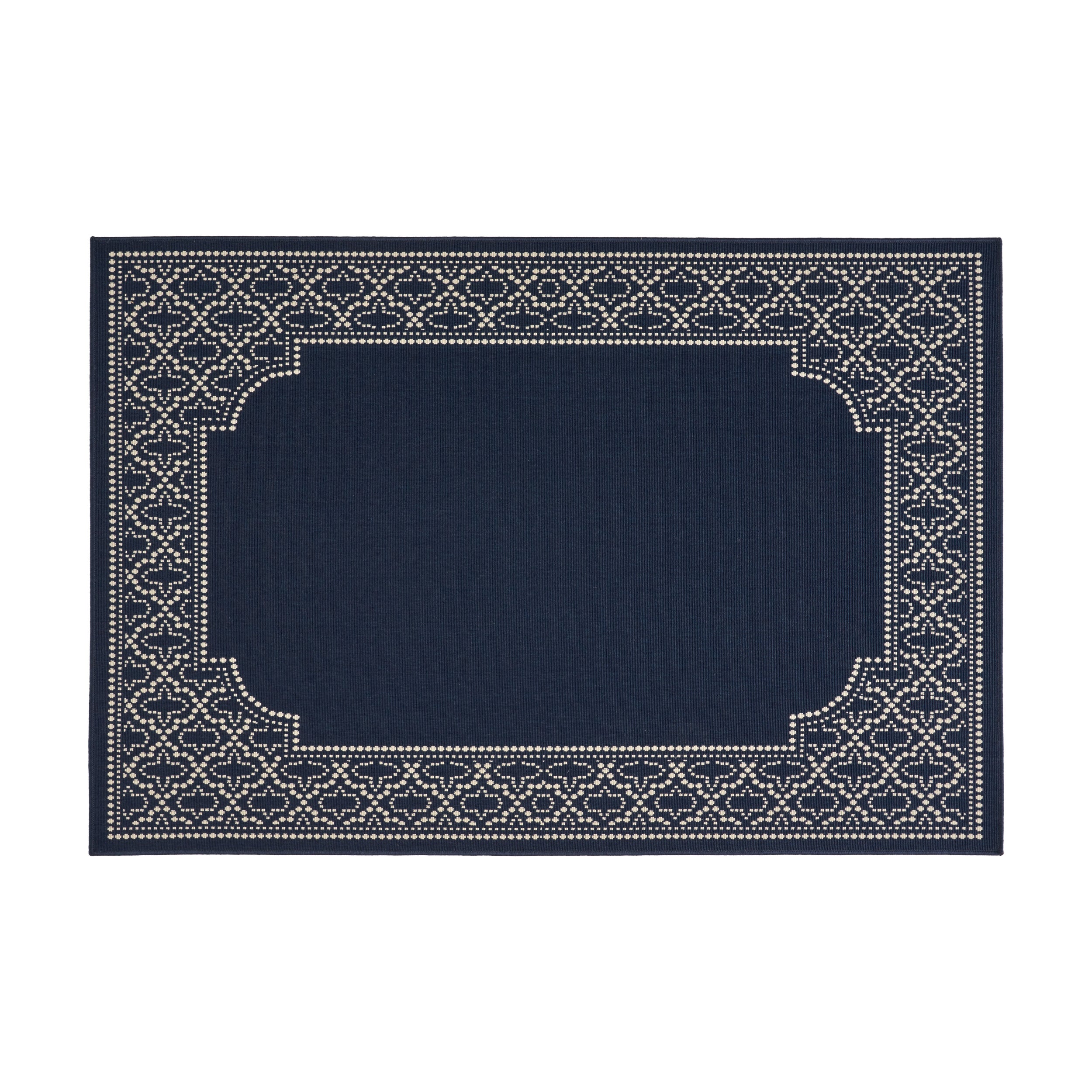Madeline Outdoor Border Area Rug, Navy and Ivory