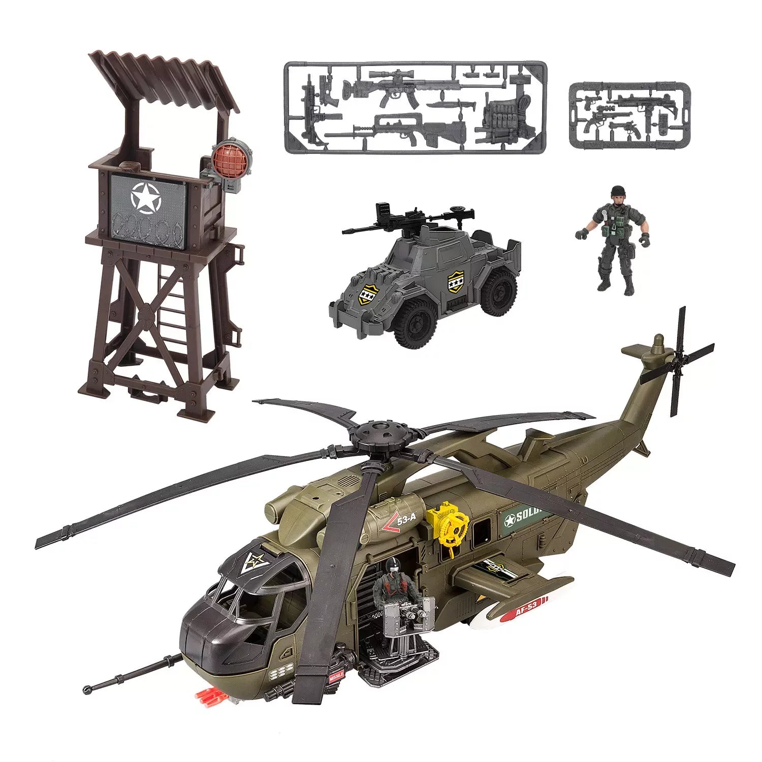 Soldier Force Mega Helicopter Playset， Includes 32 Pieces with Working Lights and Sounds