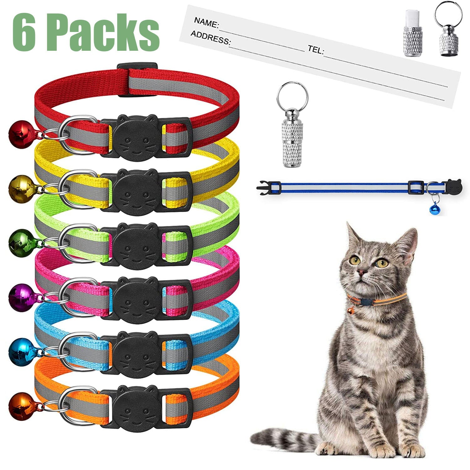 6 Pcs Reflective Cat Collar with Bell， Breakaway Cat Collars with Name Tag