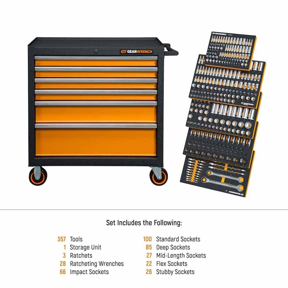 GearWrench MEGAMOD358 - Jogo de ferramentas mecânicas métricas MEGAMOD com 358 peças, acondicionadas em bandejas modulares de espuma com armário sobre rodas.