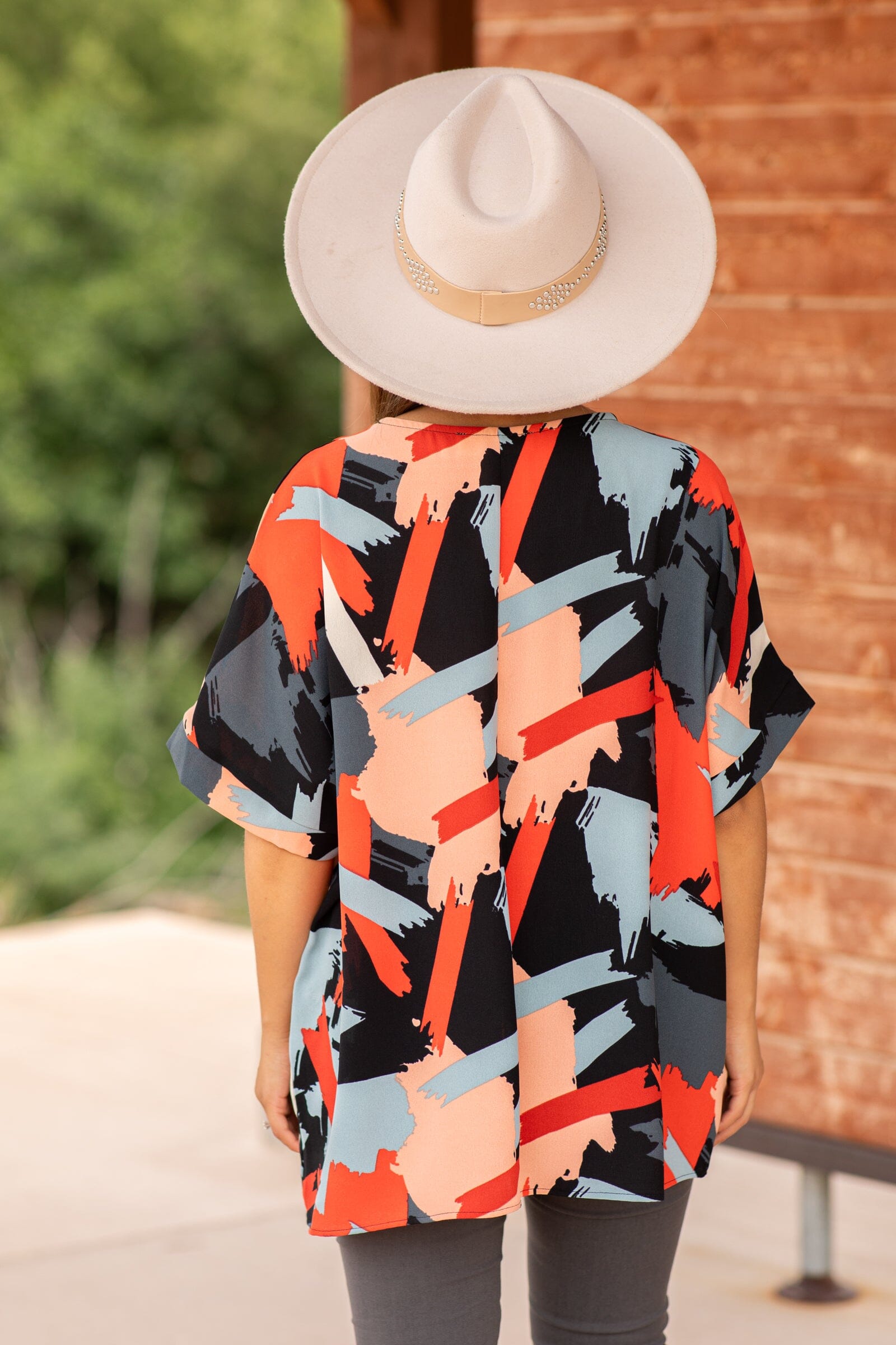 Orange and Peach Abstract Print V-Neck Top