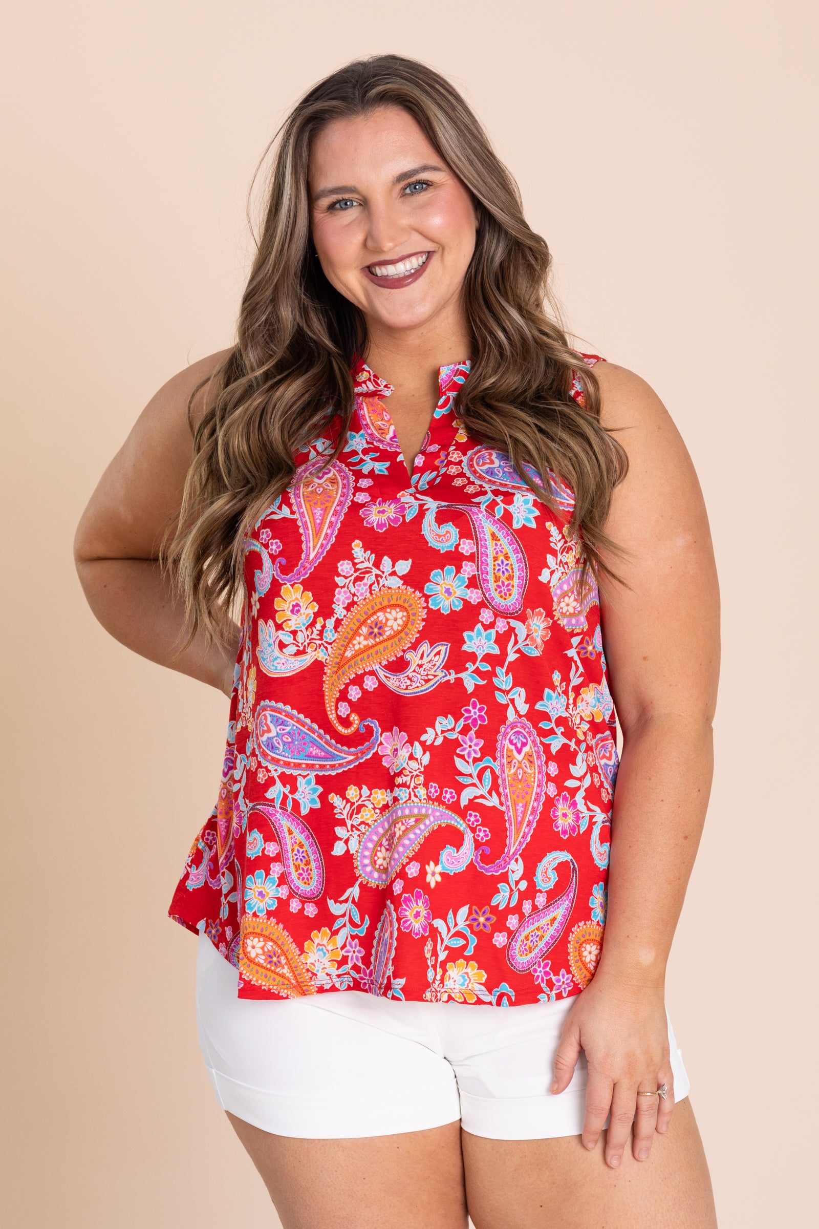 Red Printed V-Neck Wrinkle Free Lizzy Top