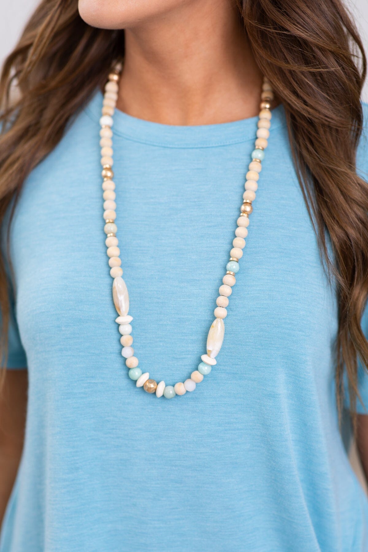 Beige and Mint Beaded Long Necklace