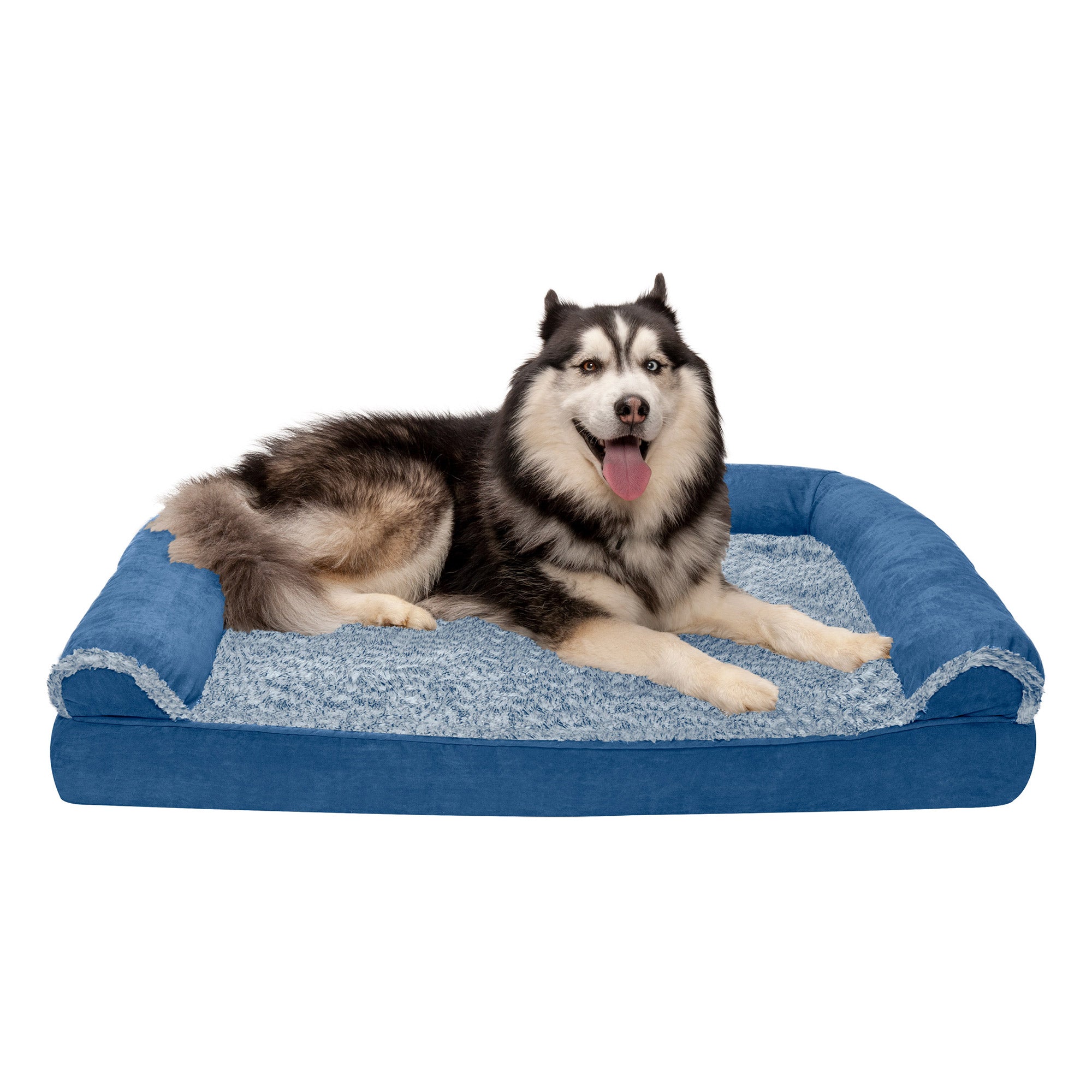 FurHaven Pet Dog Bed | Orthopedic Two-Tone Faux Fur and Suede Sofa-Style Couch Pet Bed for Dogs and Cats， Marine Blue， Jumbo