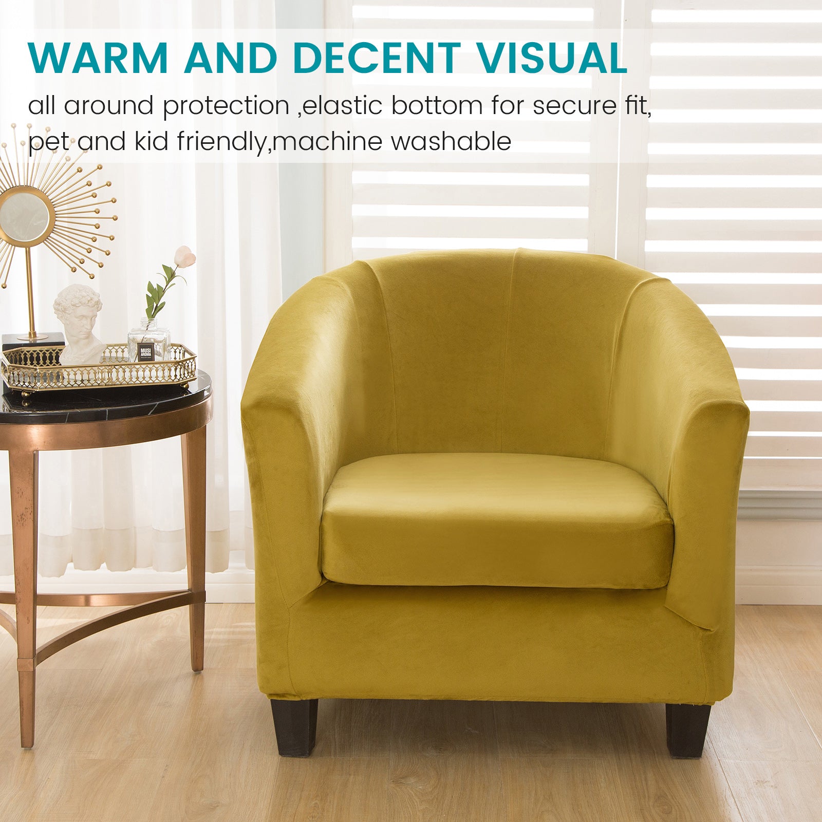 SHANNA Velvet Tub Chair Covers, 2 Pieces Stretch Modern Armchair Slipcovers Non Slip Sofa Couch Slipcover for Club Bar Counter Living Room Reception,With Separate Cushion Cover, Yellow 1 Pack