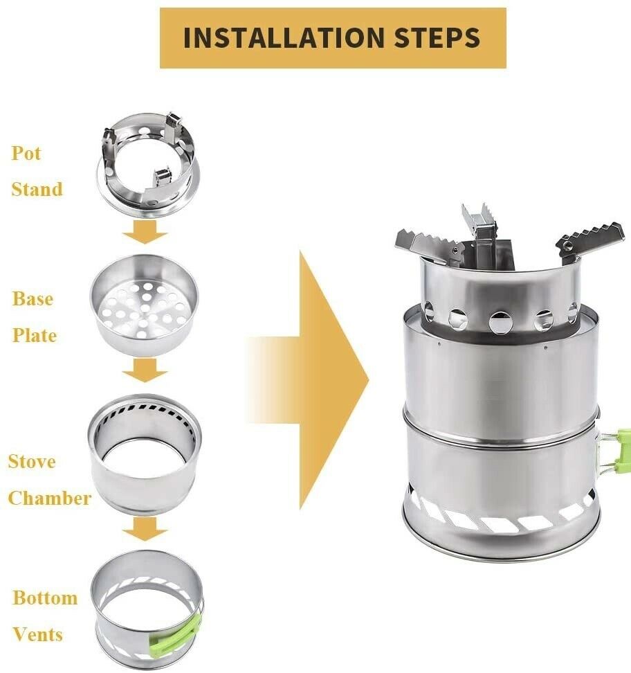 Camping Stove Camp Wood Stove Portable Foldable Stainless Steel Burning Backpacking Stove for Outdoor Hiking Picnic BBQ  With  an Folding Plastic Handle and Carrying Bag