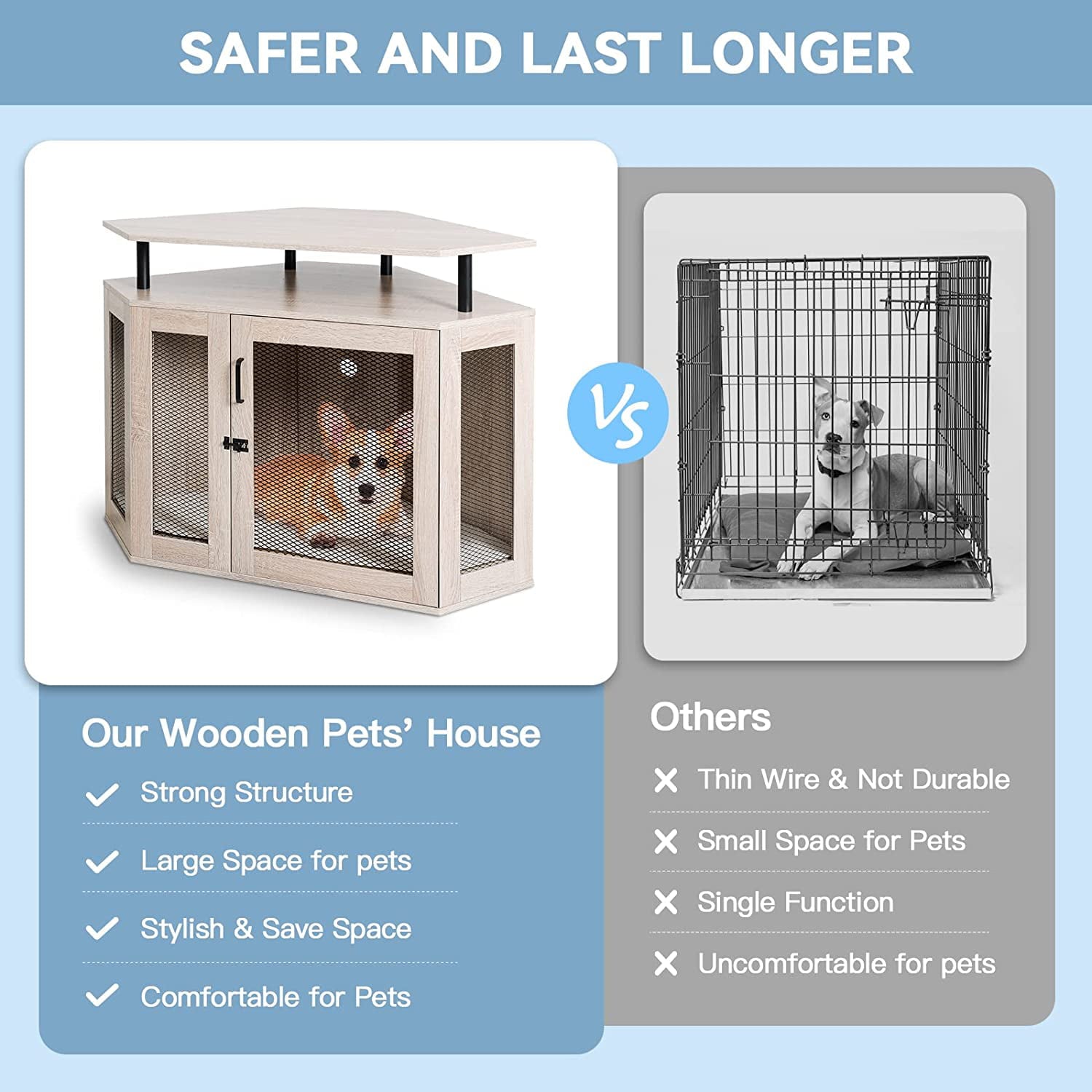 Kfvigoho Corner Dog Crate with Cushion， Dog House， Dog Crate Indoor Use， Modern Dog Kennel with Wooden and Wire Mesh， Large Pet House with Multiple Function Perfect for Limited Room， Apartment