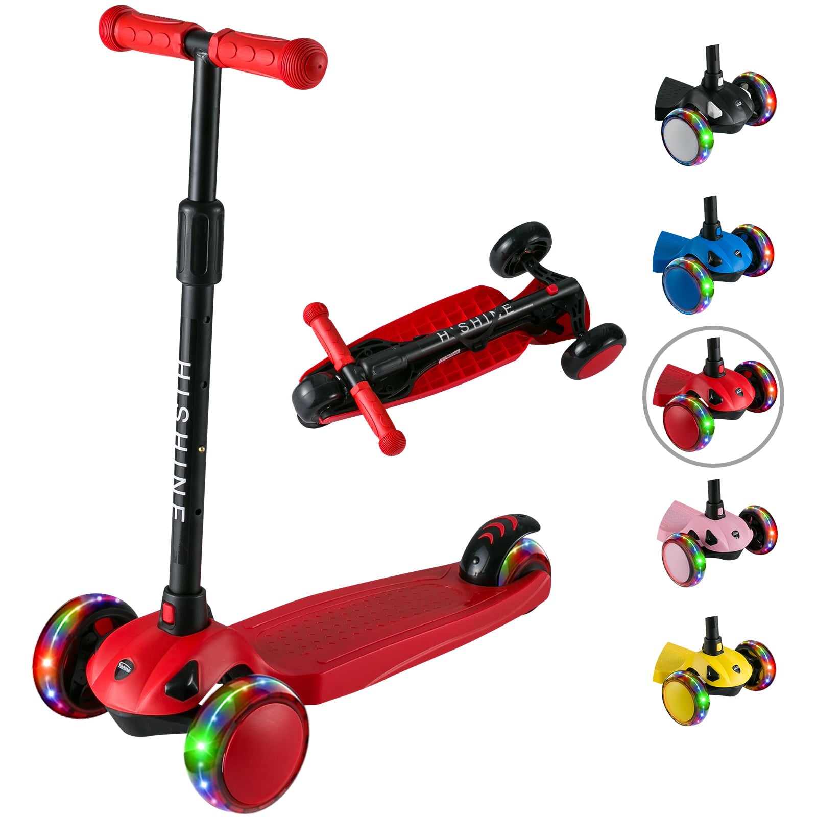 PRINIC 3 wheel kick scooter for kids and toddler 3-5 year old age， boys and girls， adjustable height， lean to steer， light up flashing wheels， wide deck， Red