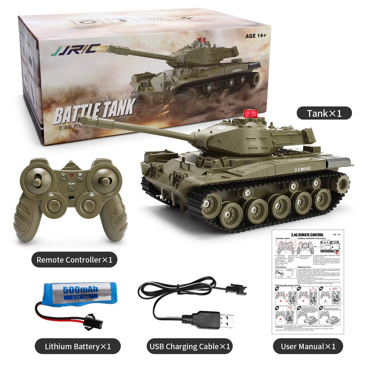 JJRC RC Tank 1/30 Remote Control Battle Tank Military Tank Shoots with Light and Sound Car Toy for Kids Boy Gifts