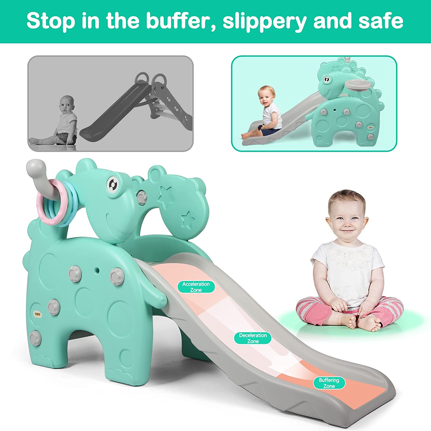 Toddlers Slide and Climber Set - 4 in 1 Play Slide + 3-Step Climbers + Basketball Hoop + 3-Color Ring Toss， Kids Indoor Slide Slipping Backyard Playground Have Fun， Green