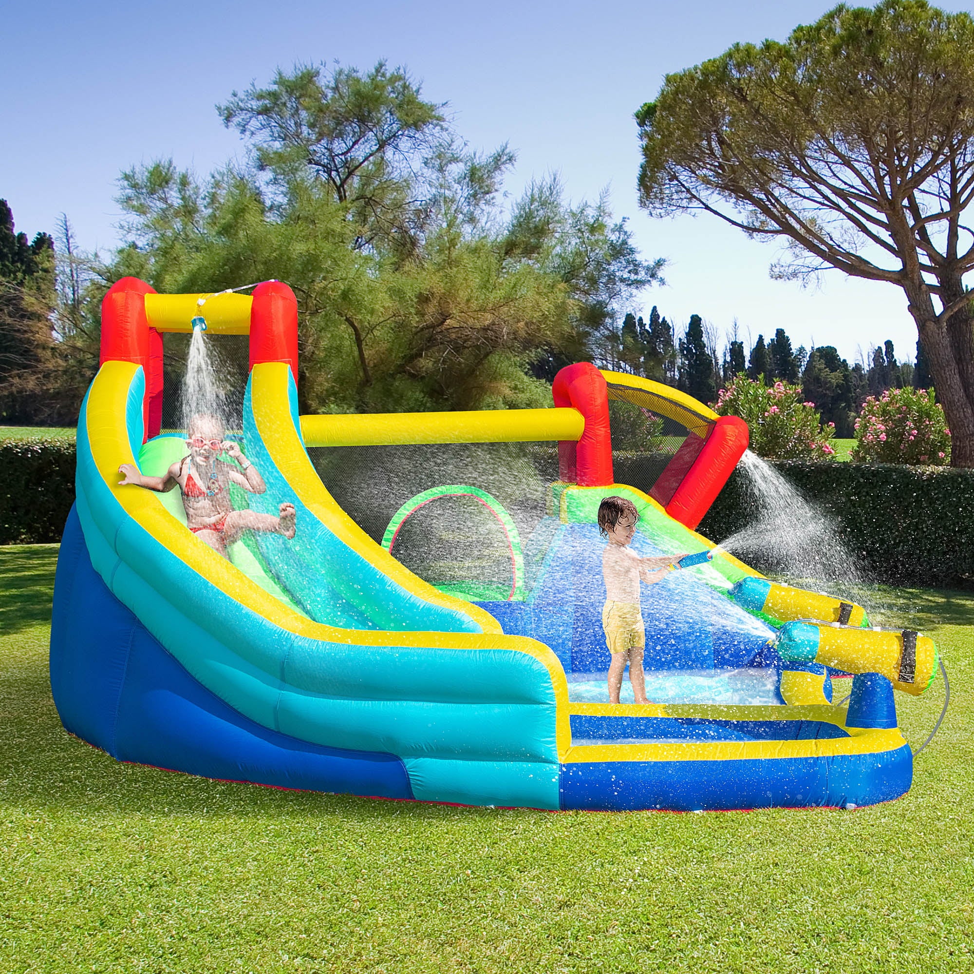Outsunny 5-in-1 Inflatable Water Slide Kids Bounce House Water Park Jumping Castle Includes Trampoline Slide Water Pool Cannon Climbing Wall with Carry Bag， Repair Patches， 450W Air Blower