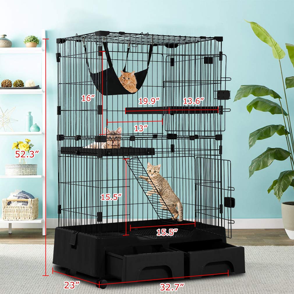 3-Tier Cat Cage Small Playpen Box Kennel Crate with 2 Front Doors， 52.3 Inch Height Cat House Furniture， Black