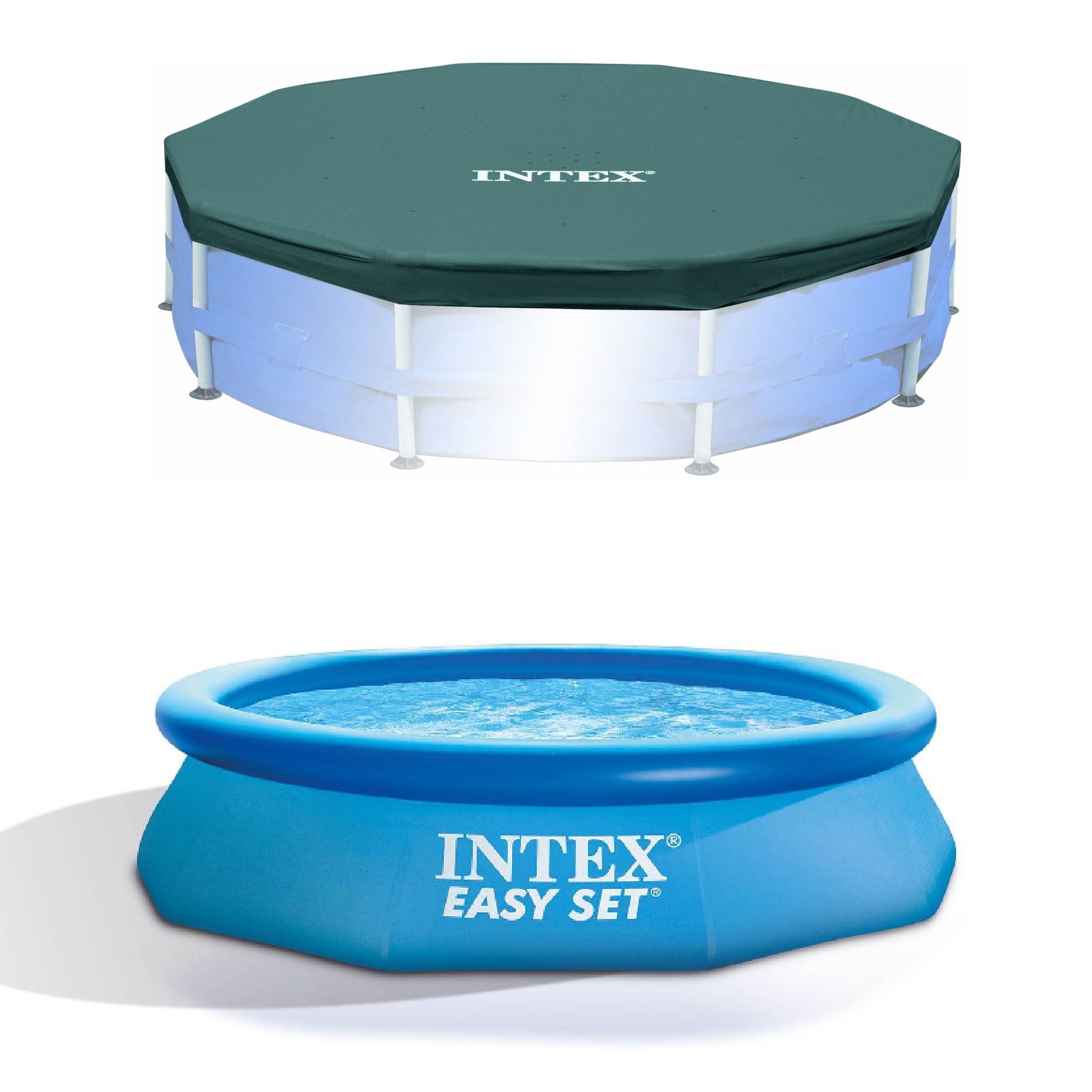 Intex 10ft Round Swimming Pool Cover and Easy Set 10ft x 30in Inflatable Pool