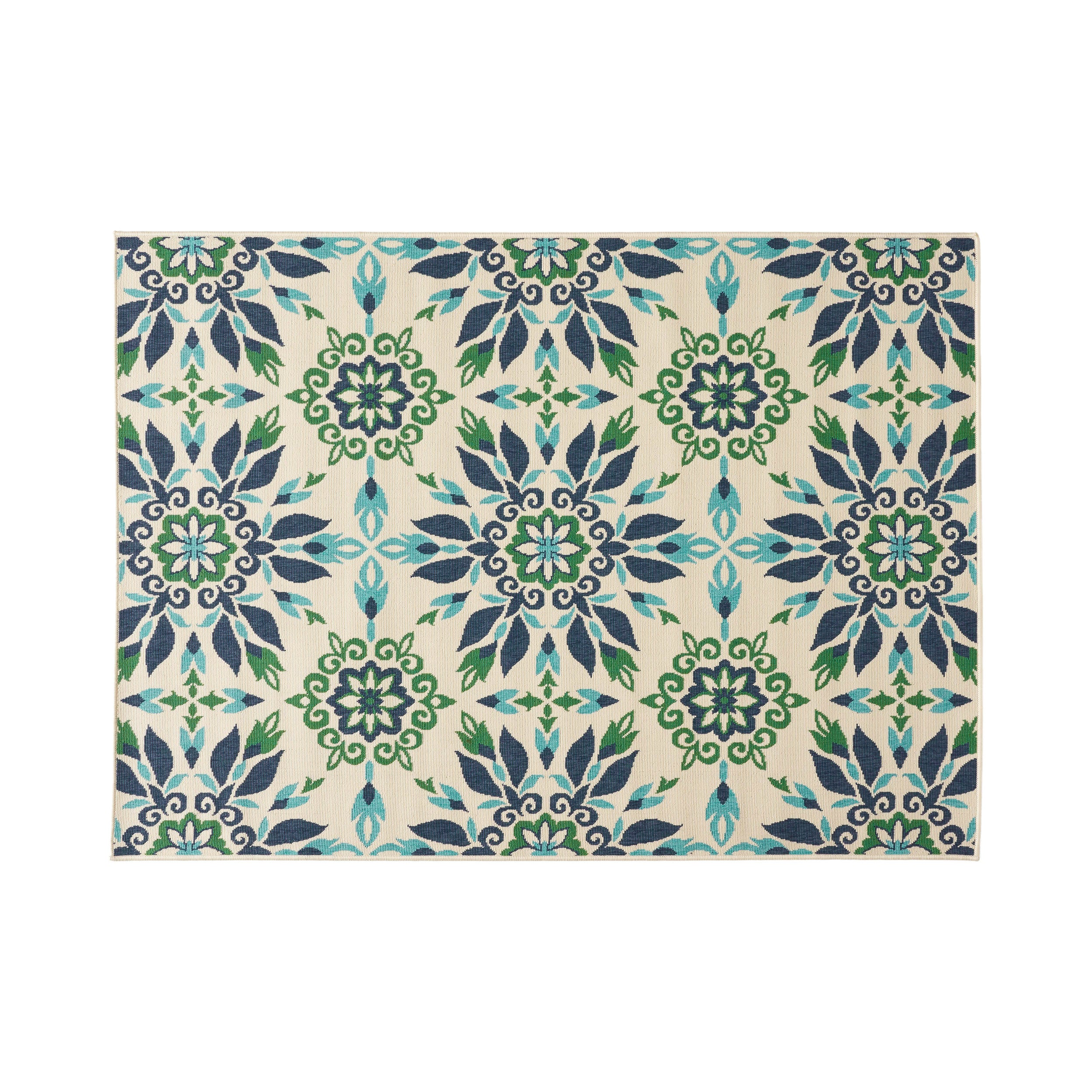 Phoebe Outdoor Medallion Area Rug, Ivory and Blue