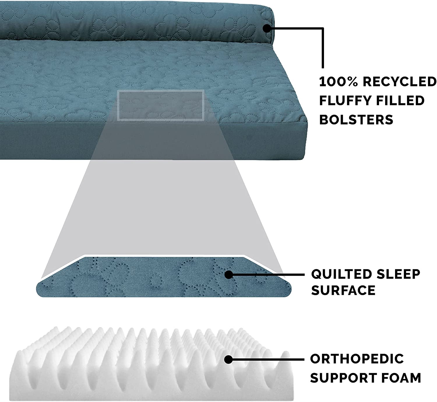 Furhaven XL Orthopedic Dog Bed Pinsonic Quilted Paw L Shaped Chaise w/ Removable Washable Cover - Bluestone， Jumbo (X-Large) Orthopedic Foam Jumbo L Chaise - Quilted Paw (Bluestone)