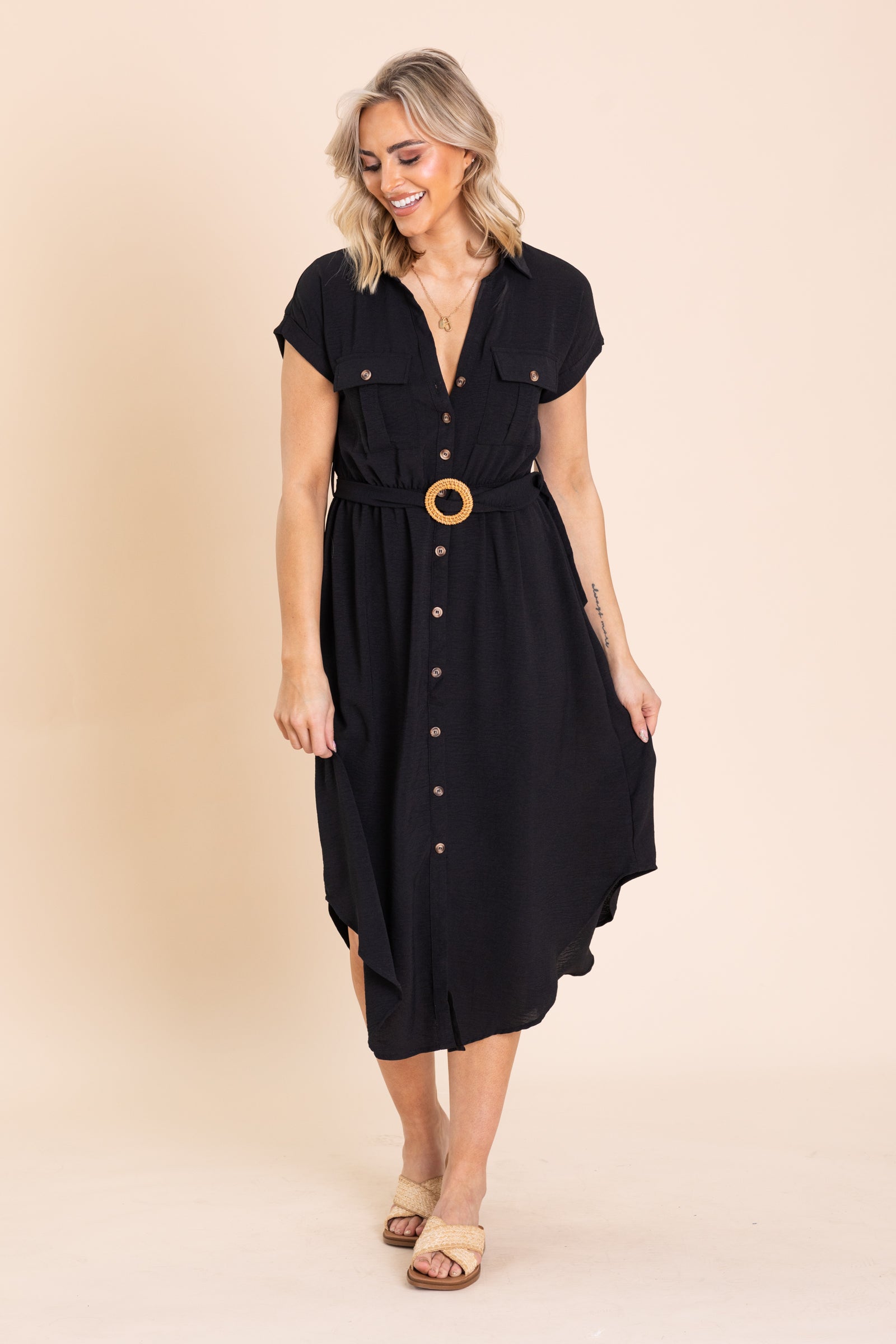 Black Collared Button Down Belted Midi Dress