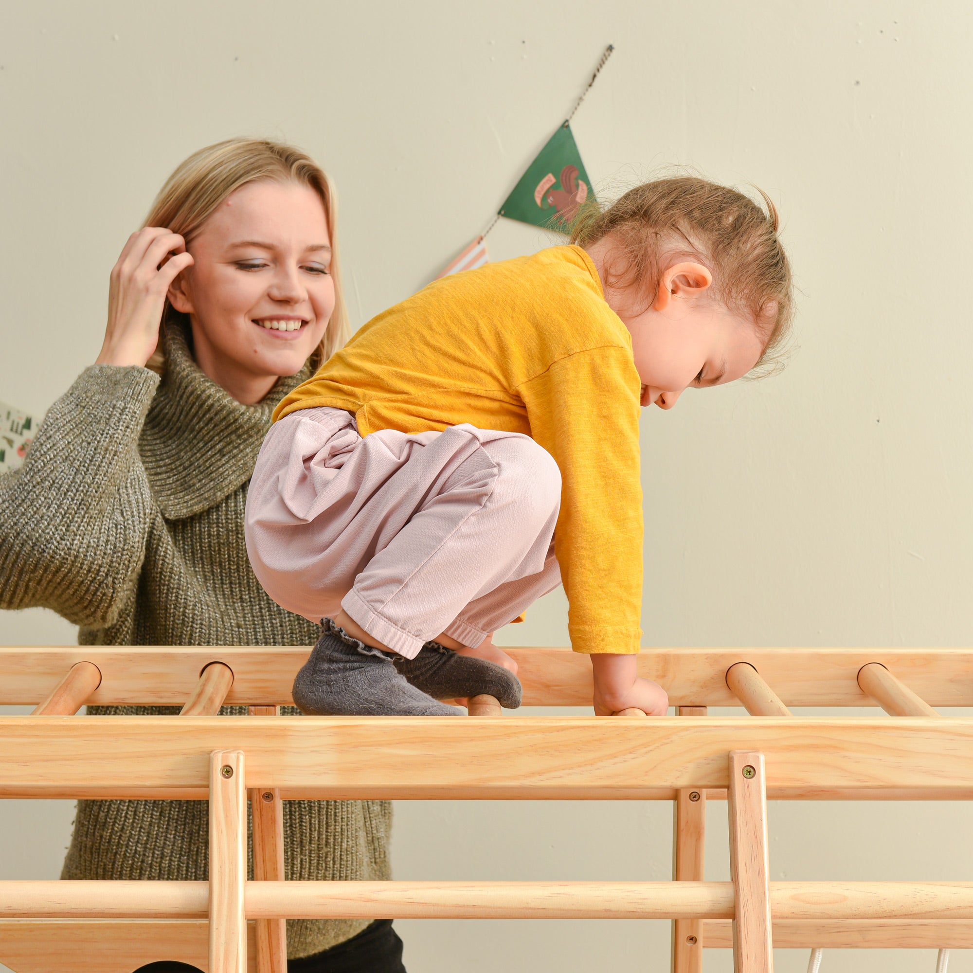 Track 7 Wooden Indoor Kids Playground Jungle Gym with Slide，Toddlers Wooden Climber 8-in-1 Slide Playset，Wooden Rock Climbing Wall with Rope Wall Climb，Monkey Bars，and Swing for Kids