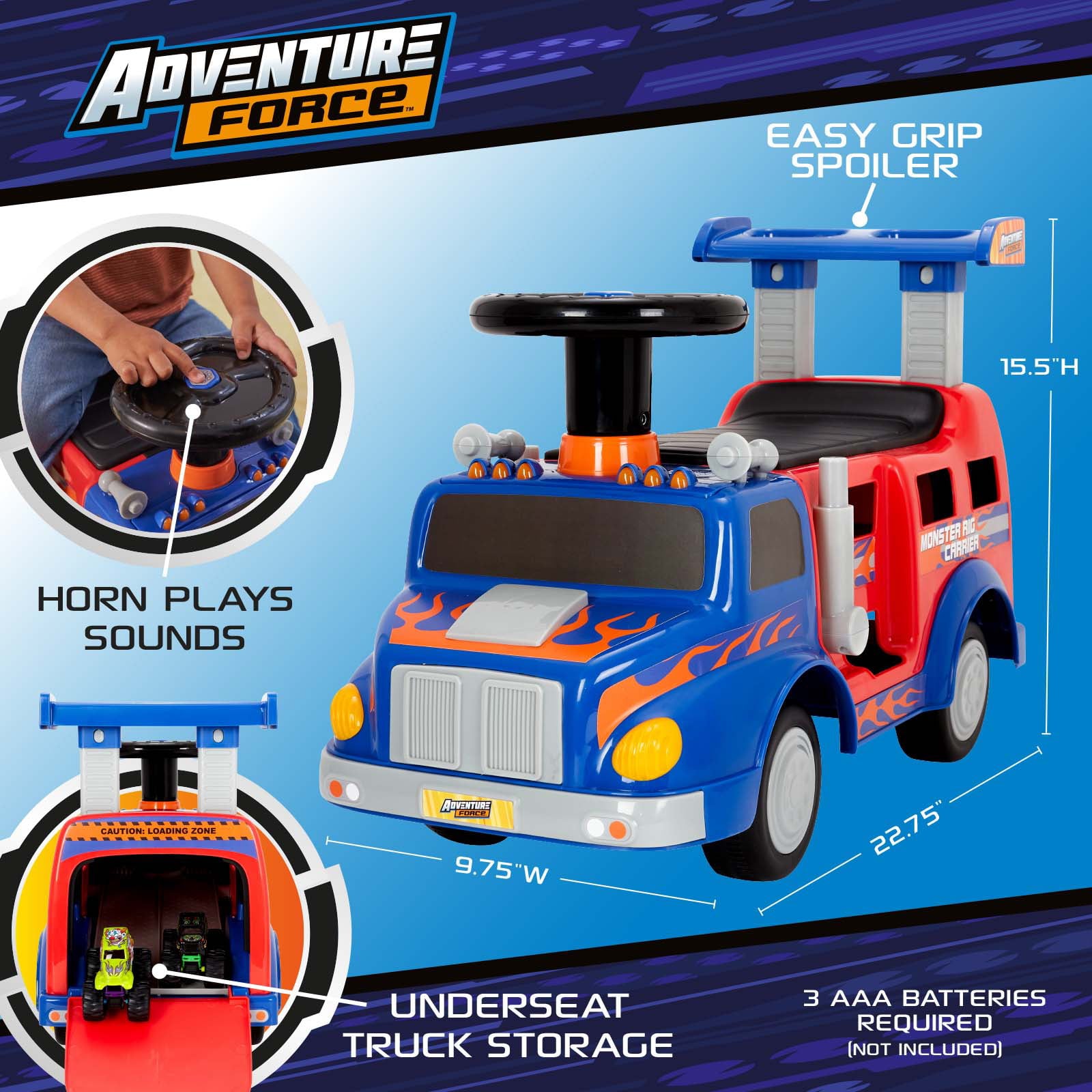 Ride On Toy Adventure Force Monster Rig Carrier Transportation Ride on for Kids 1-3 Years Old， Supports up to 44lbs