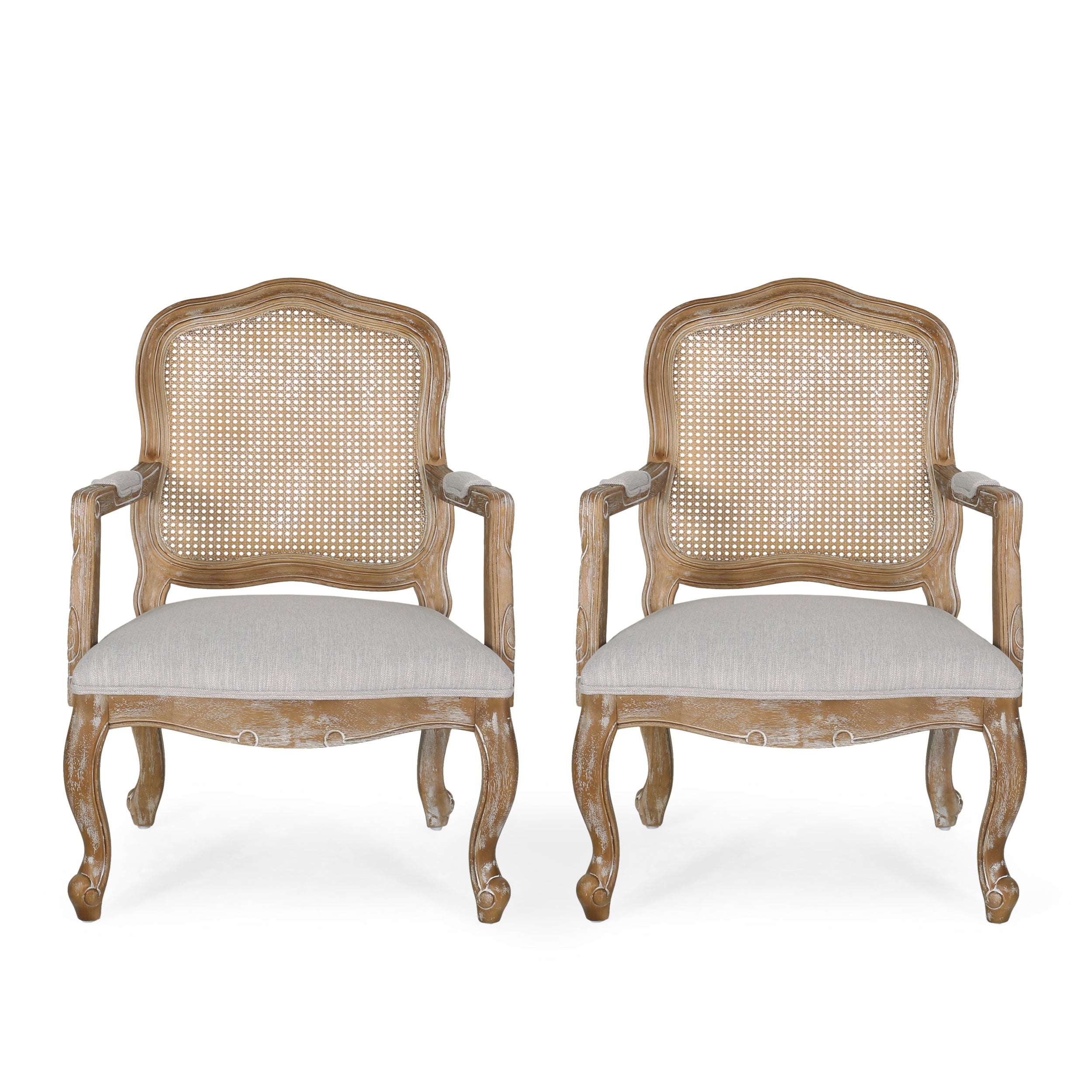 Biorn French Country Wood and Cane Upholstered Dining Armchair