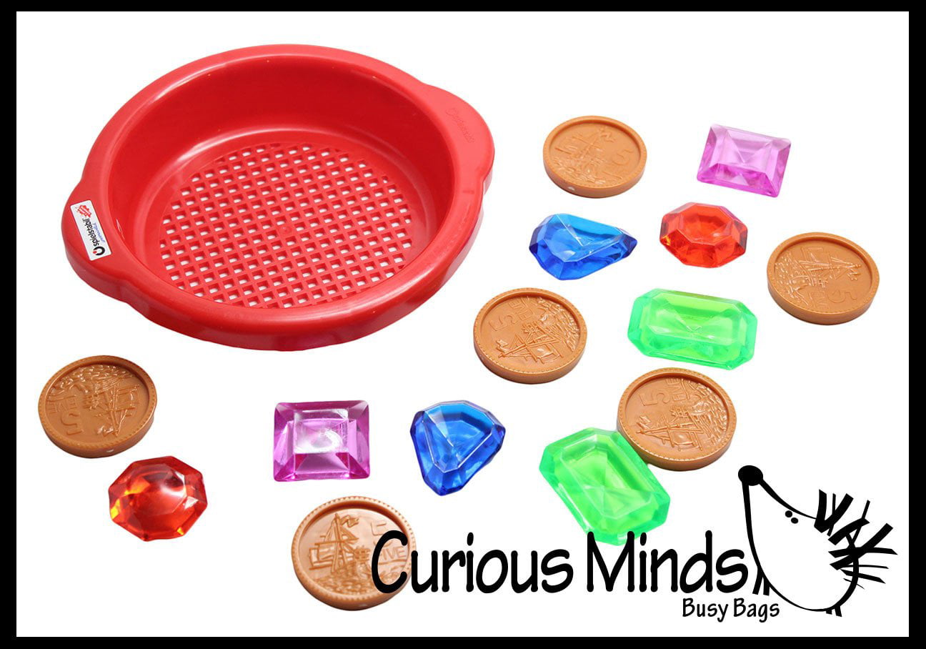 Sand Sifter with Large Gem and Coin Treasure Hunt Sand Toy - Dig sift and find buried coins jewels and gems