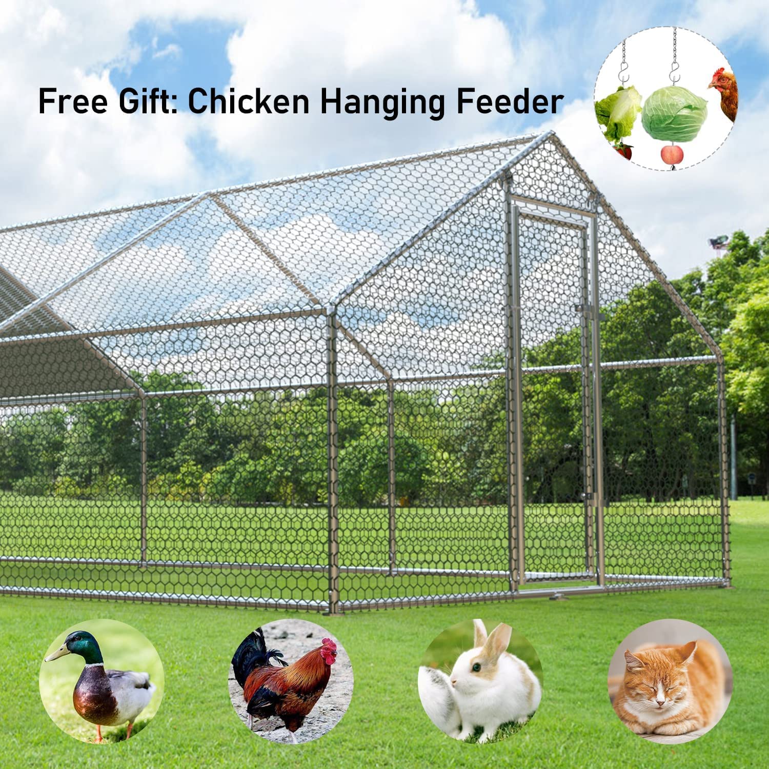 Large Metal Chicken Coop， Walk-in Chicken Runs for Yard with Waterproof Cover， Poultry Cage Chicken Run House Rabbits Habitat Cage， Flat Shaped Coops for Outdoor Backyard Farm Use， Silver