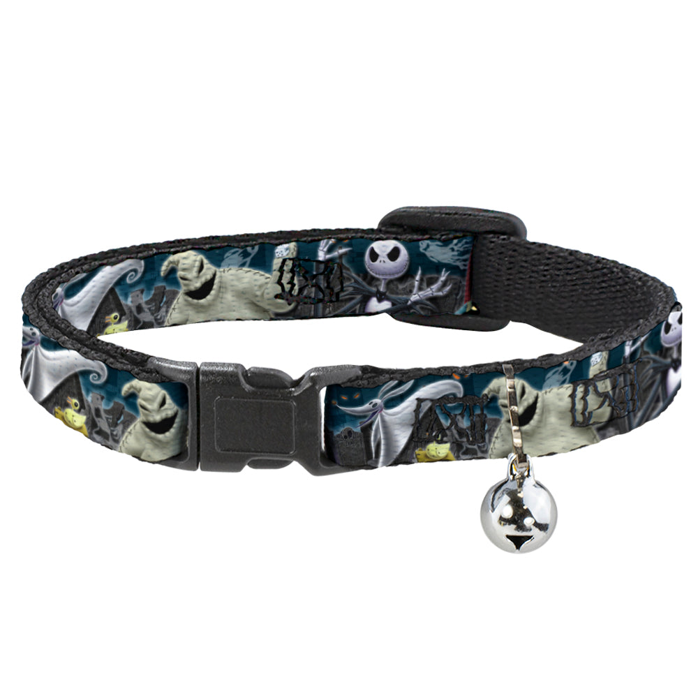 Disney Cat Collar， Breakaway Collar with Bell， Nightmare Before Christmas Character Group Cemetery Scene， 8.5 to 12 Inches 0.5 Inch Wide