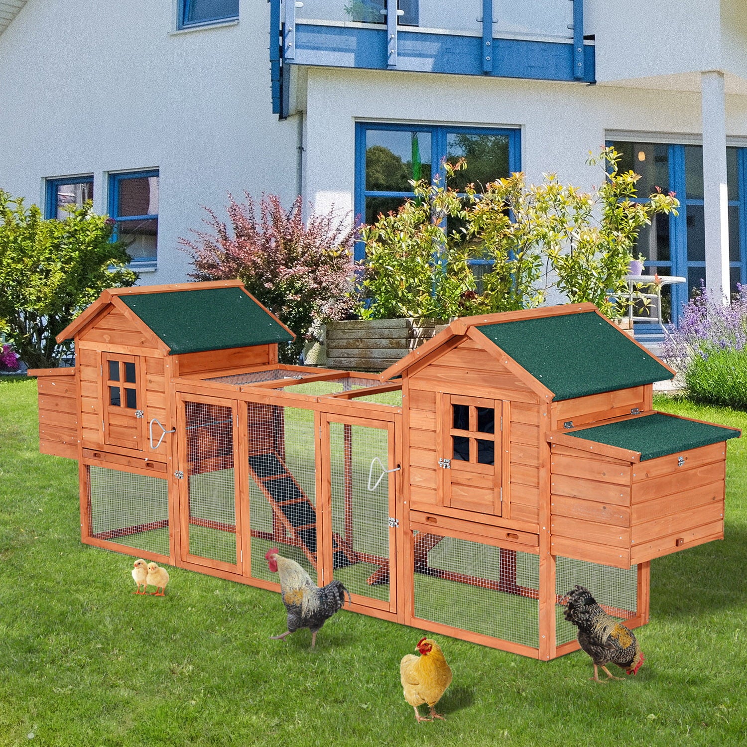 Pawhut Dual Backyard Chicken Coops With Outdoor Ramps And Nesting Boxes， 124