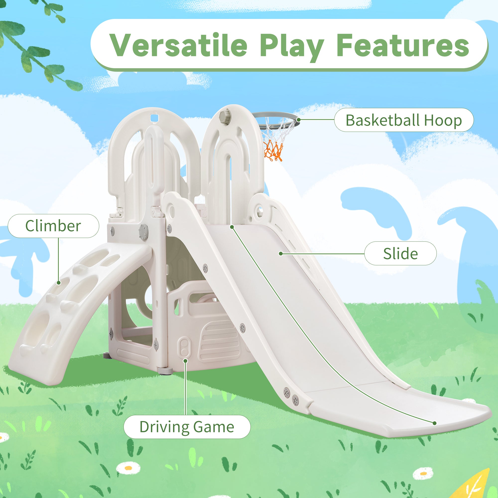 HDJ 4 In 1 Toddler Kids Slide and Climber Set，Kids Climber Slide Playset with Basketball Hoop for Indoor Outdoor，White